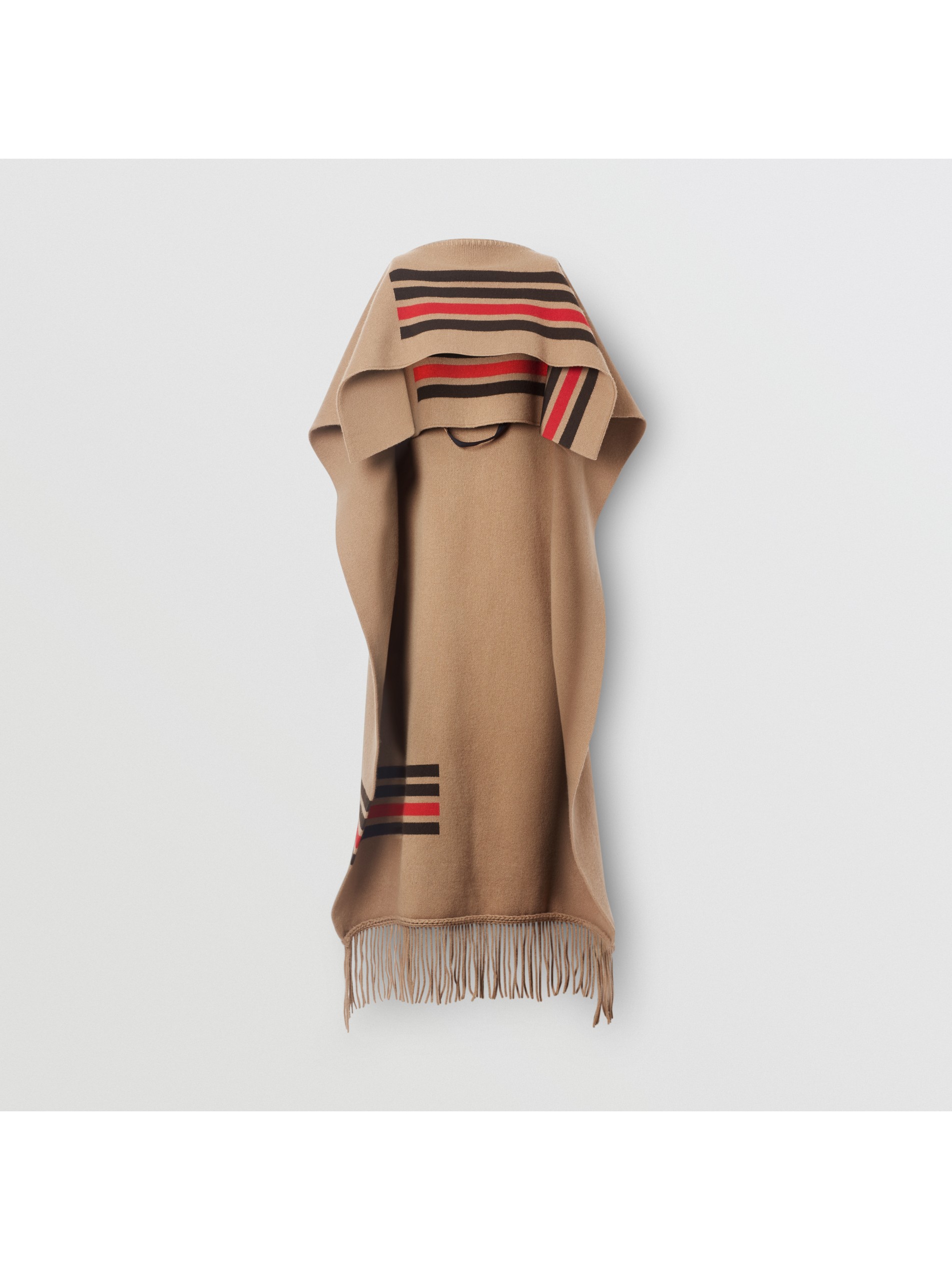 条纹装饰羊毛混纺披风