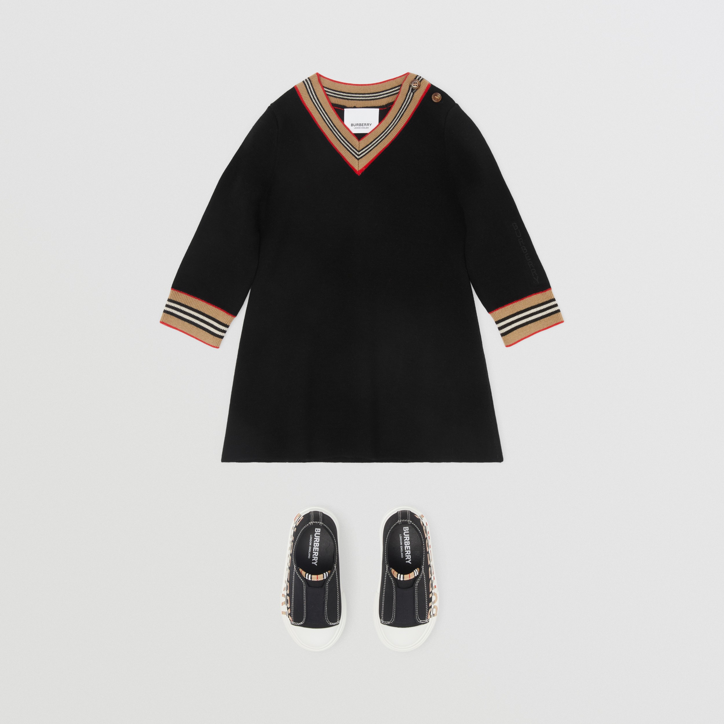 Icon Stripe Detail Wool Blend Dress in Black - Children | Burberry® Official - 3
