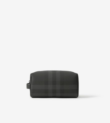 Burberry Men's Check Leather-trimmed Travel Pouch - Charcoal