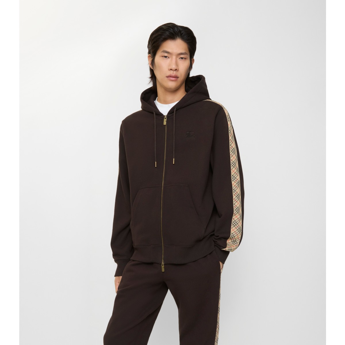  Check Trim Cotton Zip Hoodie