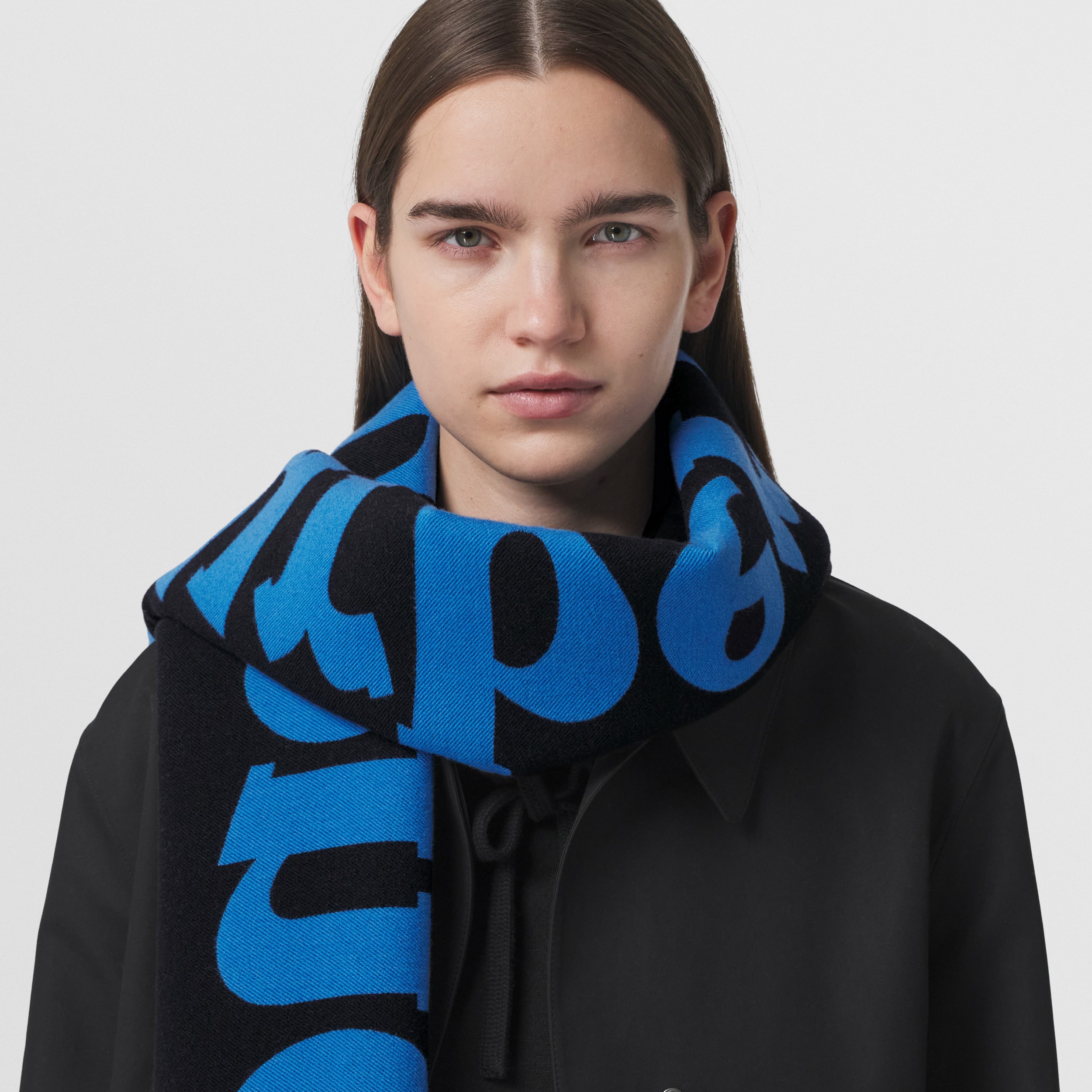 Logo Wool Silk Jacquard Scarf in Mid Blue | Burberry® Official
