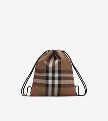 Check Cotton Drawcord Backpack in Taupe brown - Men | Burberry® Official