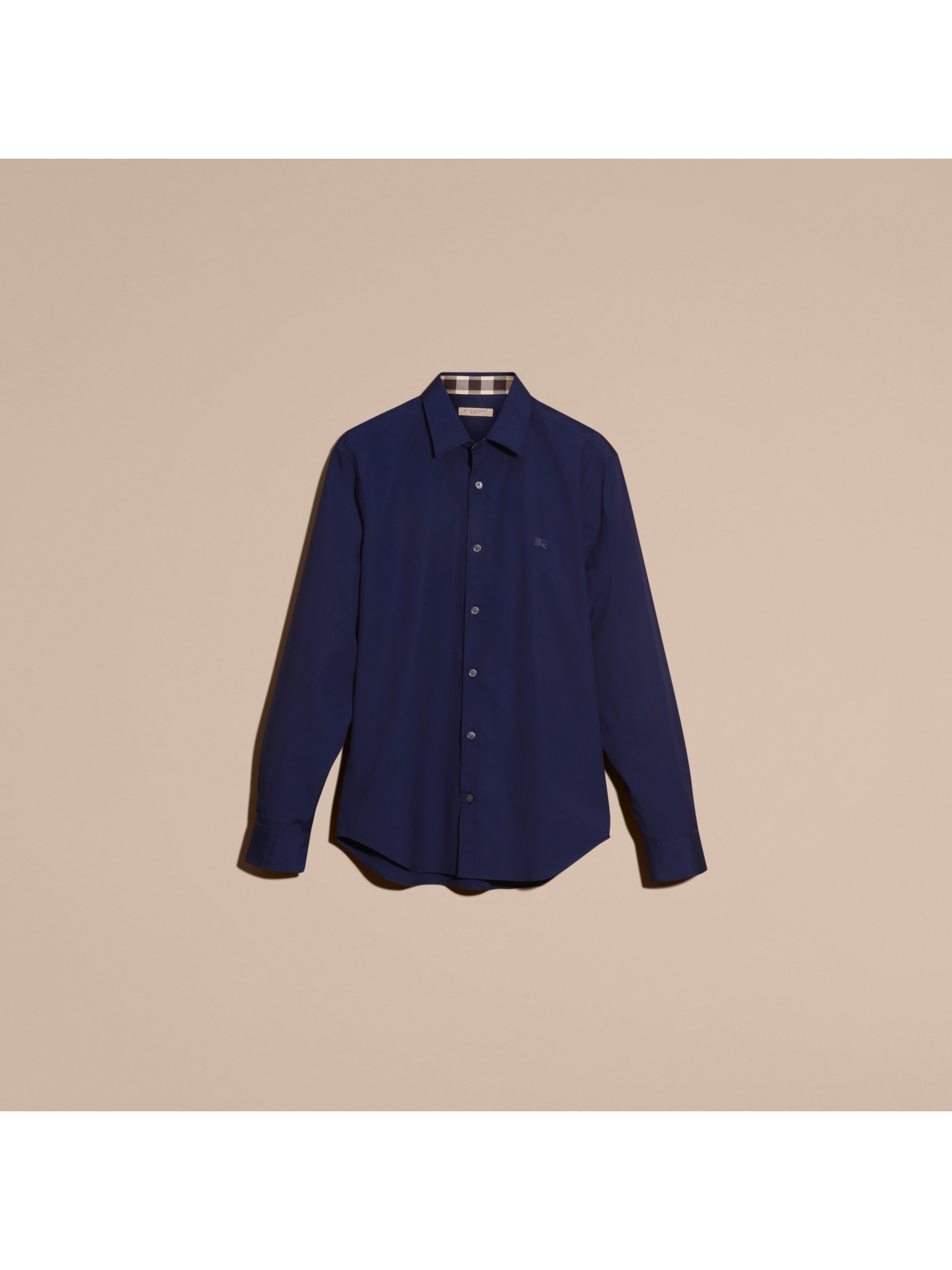 indigo blue check detail stretch cotton poplin shirt image21