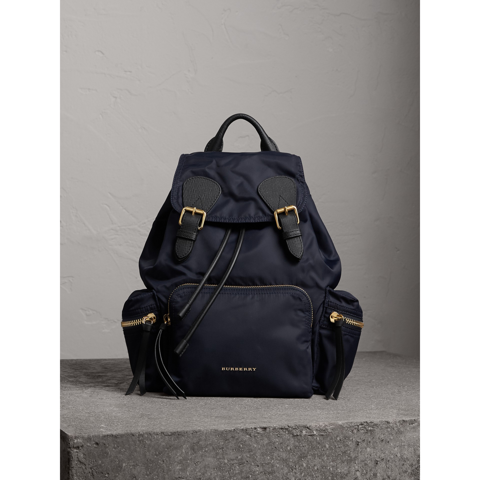 The Medium Rucksack in Technical Nylon and Leather in Ink Blue Women