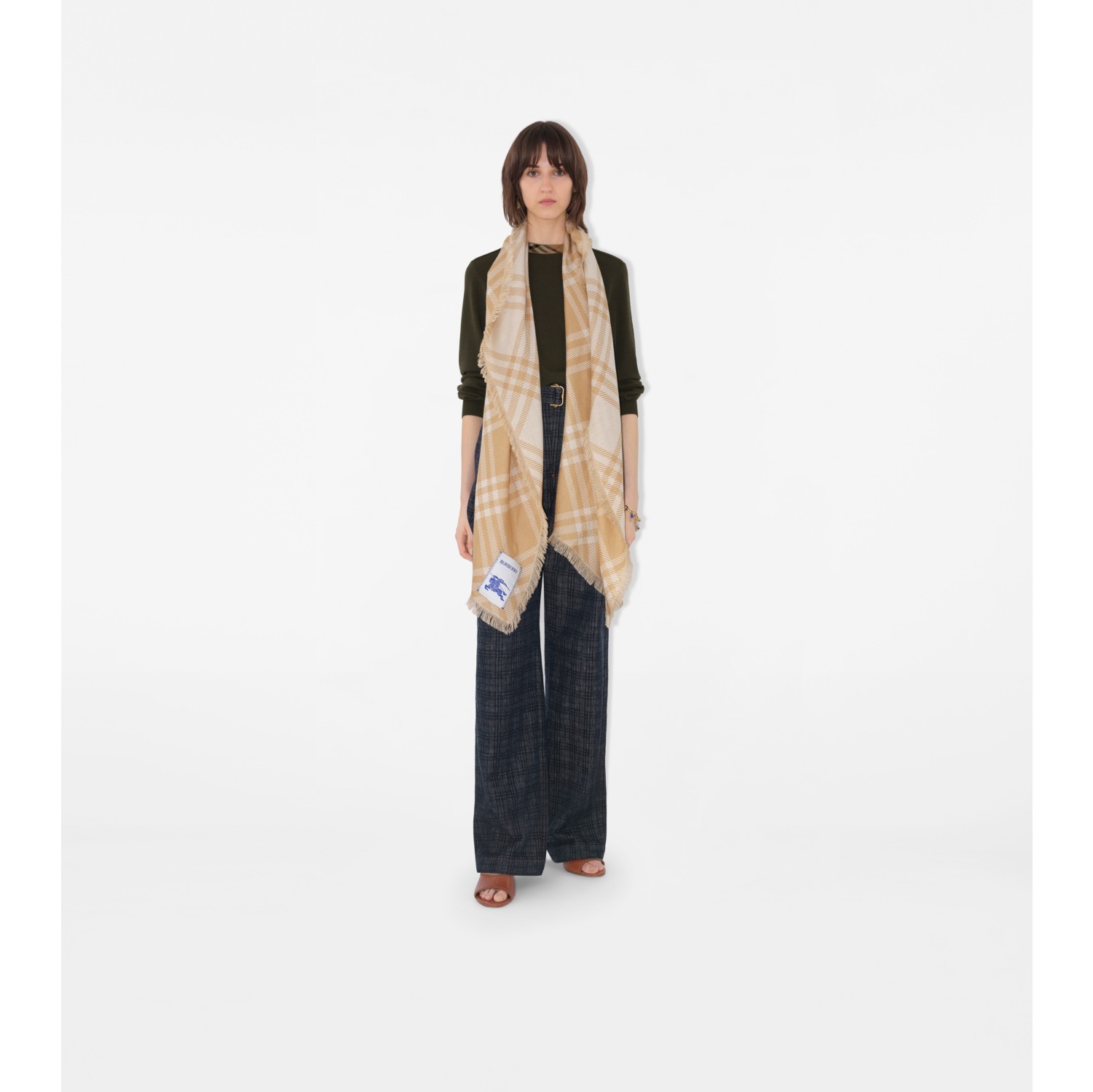 Wide Check Wool Silk Scarf
