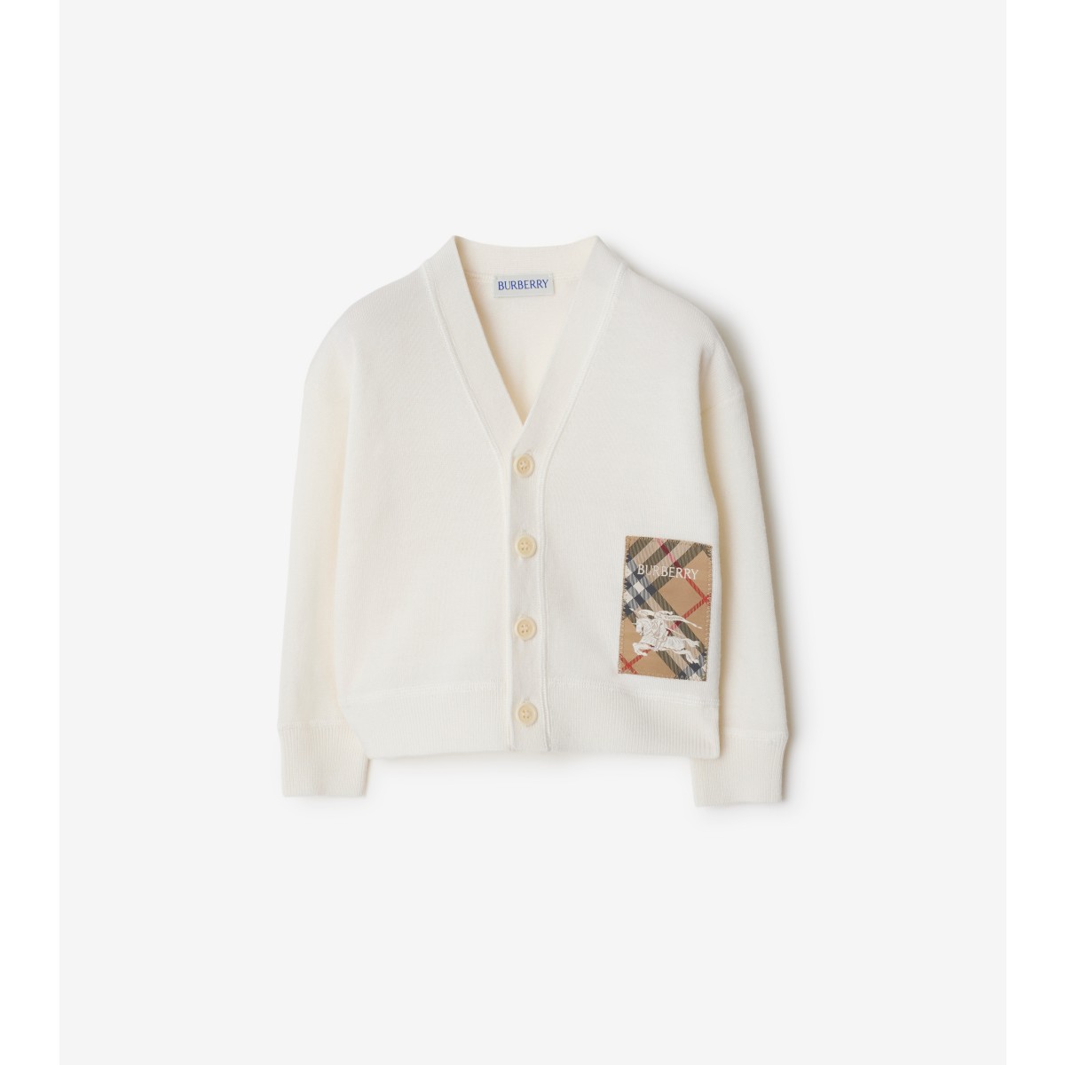 Shop Burberry Childrens Check Label Wool Cardigan In Ivory