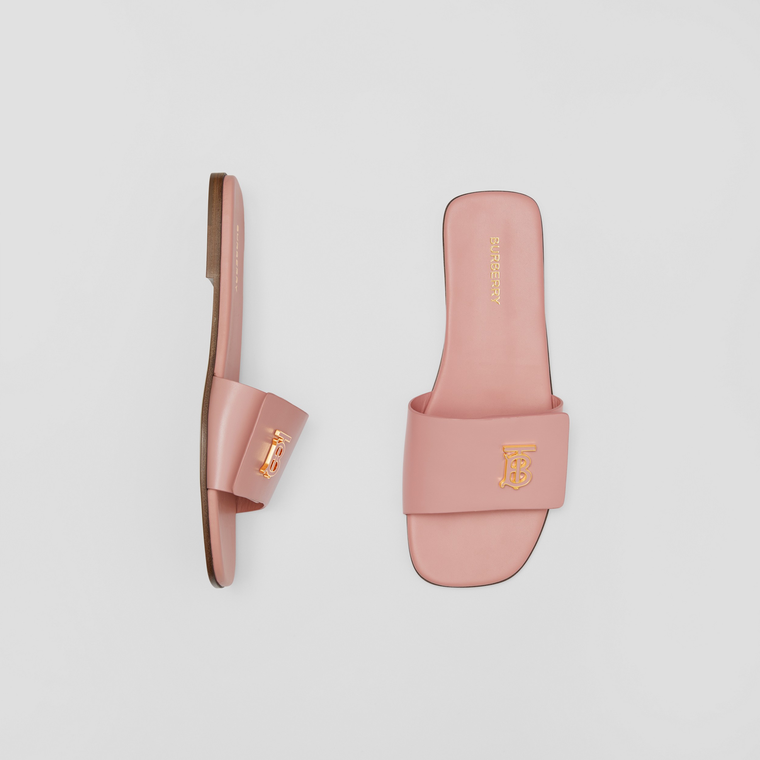 Monogram Motif Leather Slides in Dusky Pink - Women | Burberry® Official - 1