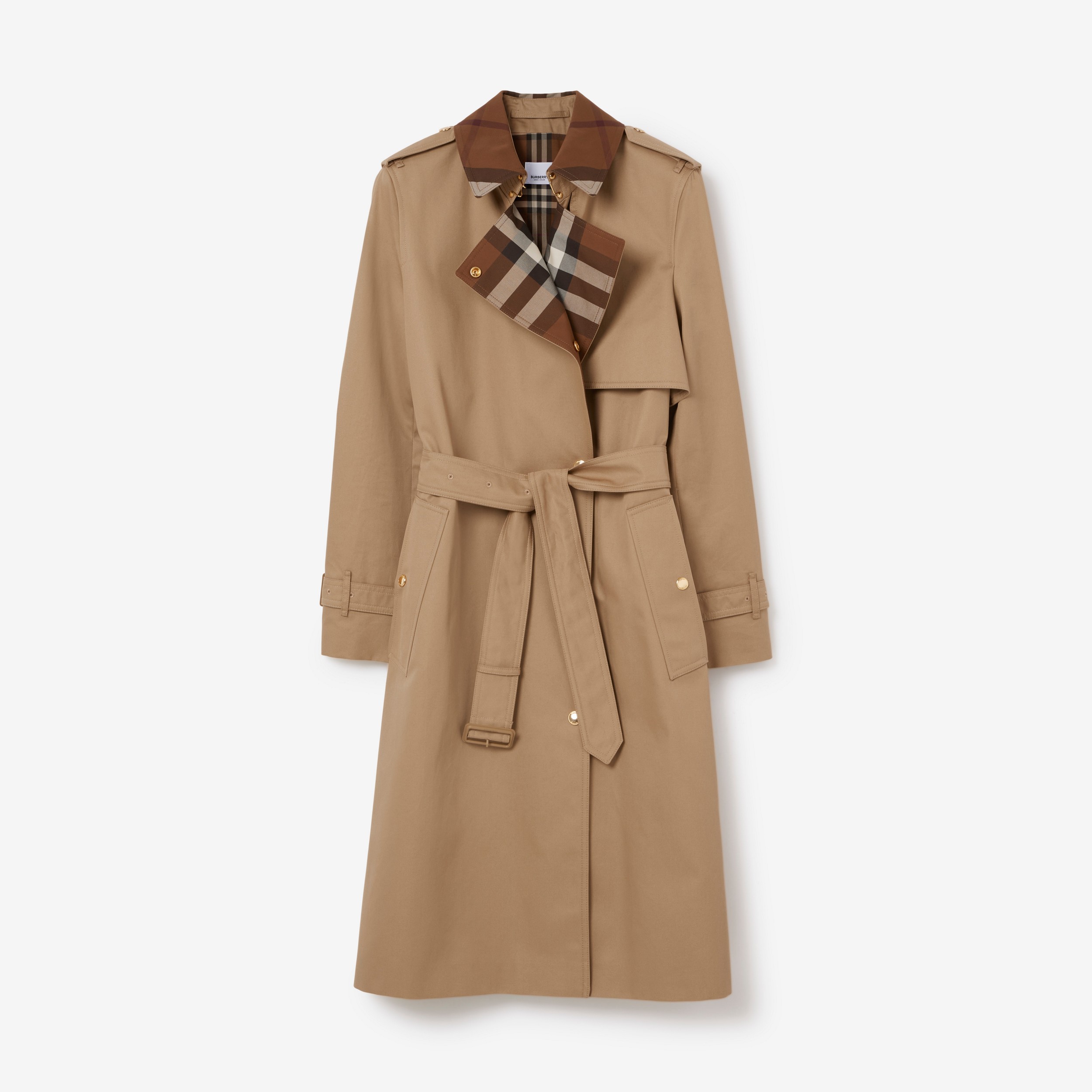 Trench coat de gabardine de algodão com recorte xadrez (Camel) - Mulheres | Burberry® oficial - 1