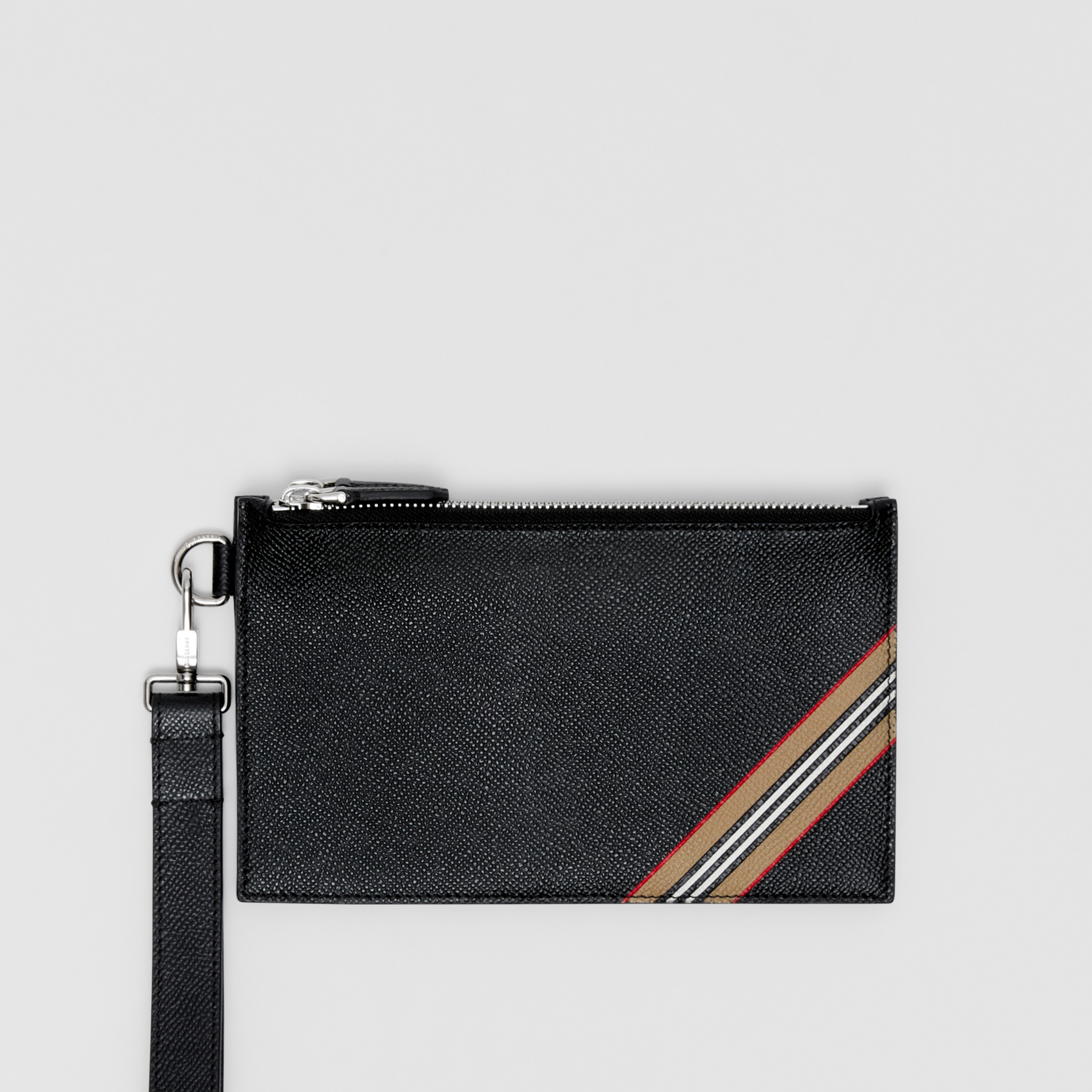 Icon Stripe Print Grainy Leather Zip Pouch in Black | Burberry