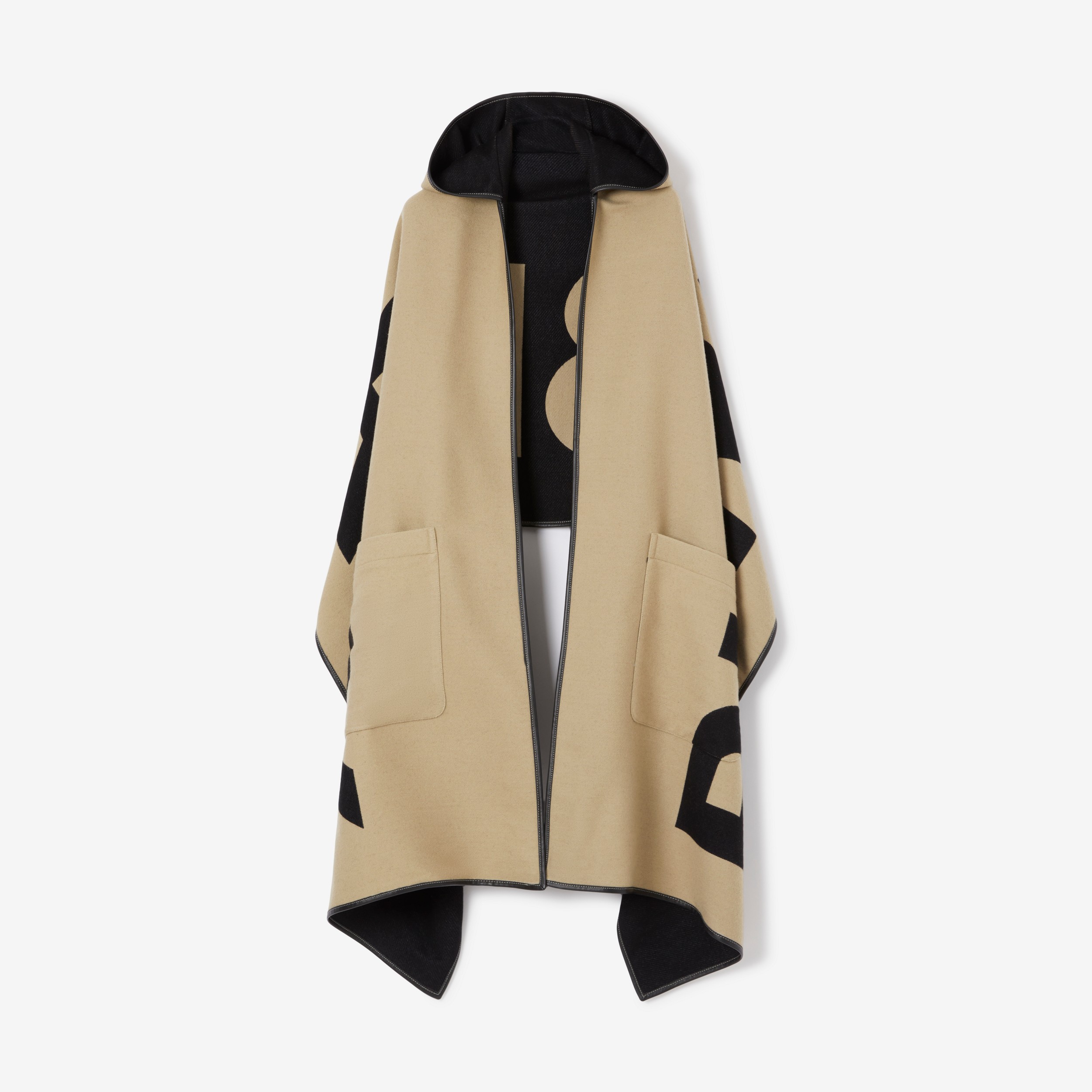 Logo Wool Cotton Jacquard Hooded Cape in Archive Beige | Burberry® Official - 1