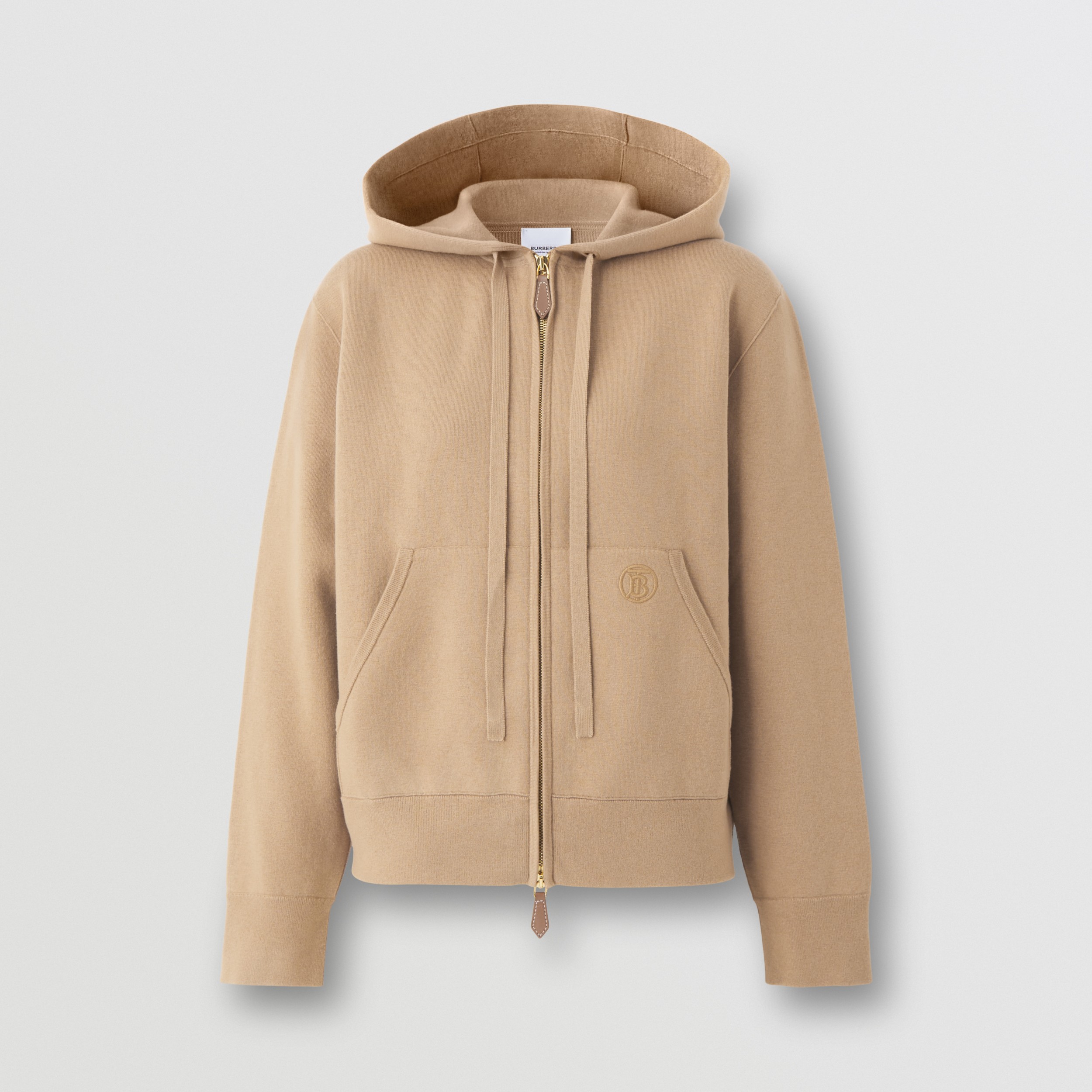 Monogram Motif Cashmere Cotton Blend Hooded Top in Camel Women