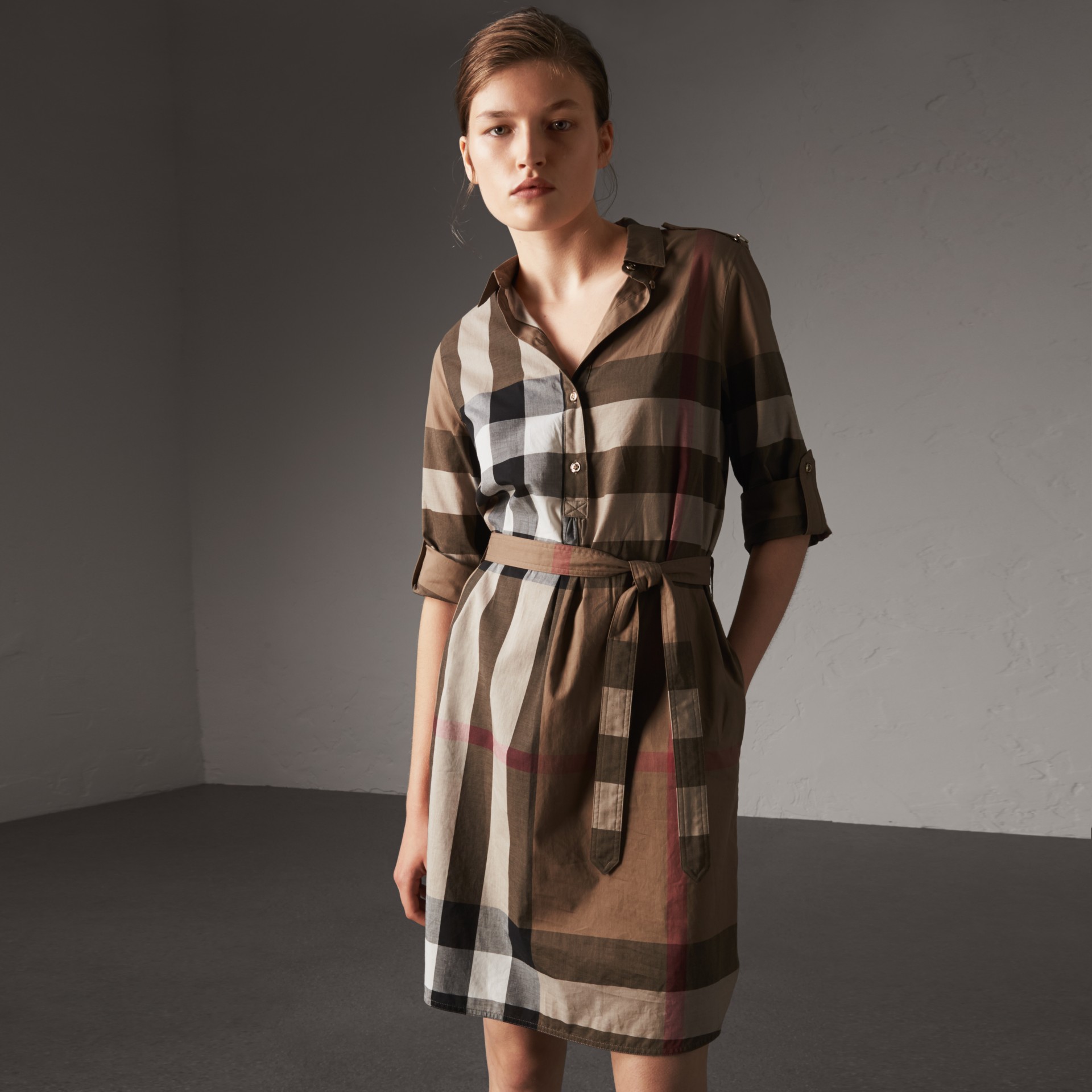 Check Cotton Shirt Dress in Taupe Brown - Women | Burberry United States