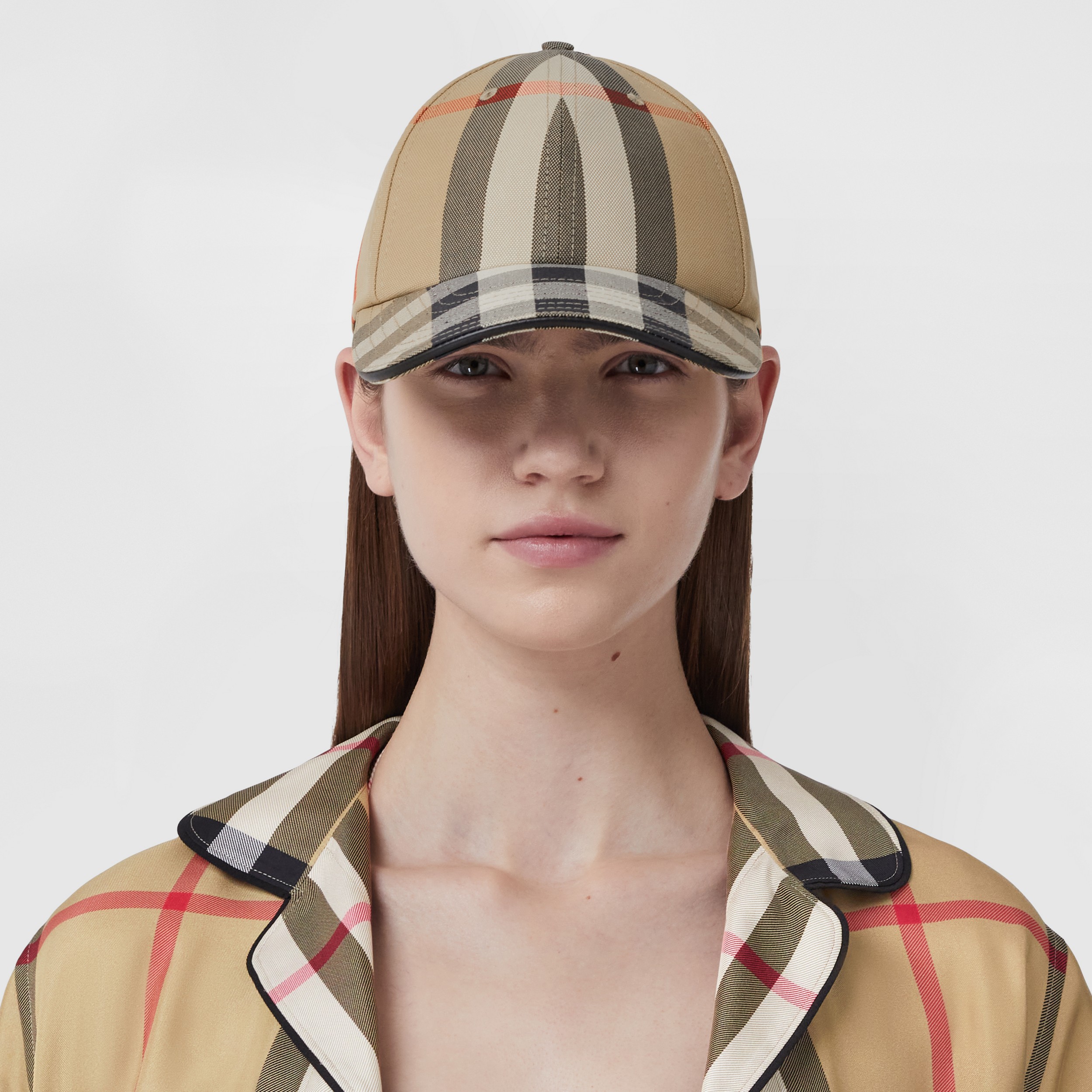 Logo Detail Exaggerated Check Cotton Baseball Cap in Archive Beige | Burberry® Official - 2