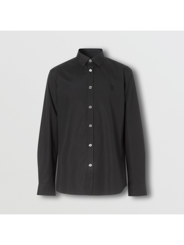 Monogram Motif Stretch Cotton Poplin Shirt in Black - Men | Burberry ...
