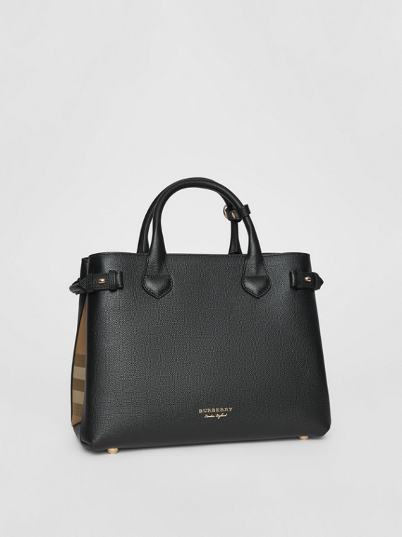 Women S Bags Check Leather Tote Burberry United Kingdom The Medium Banner In Leather And House Check Black