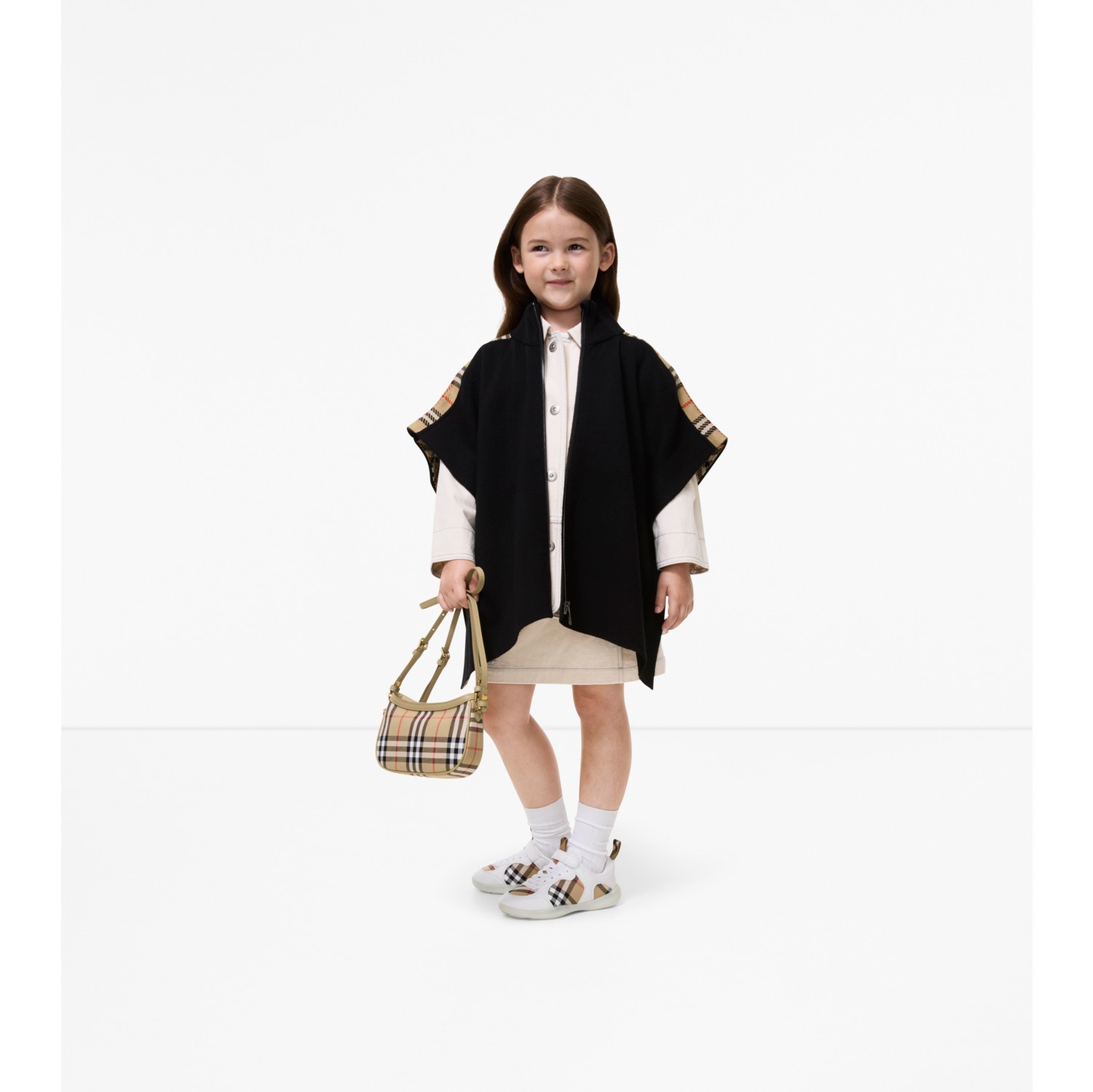 Check Trim Wool Cape