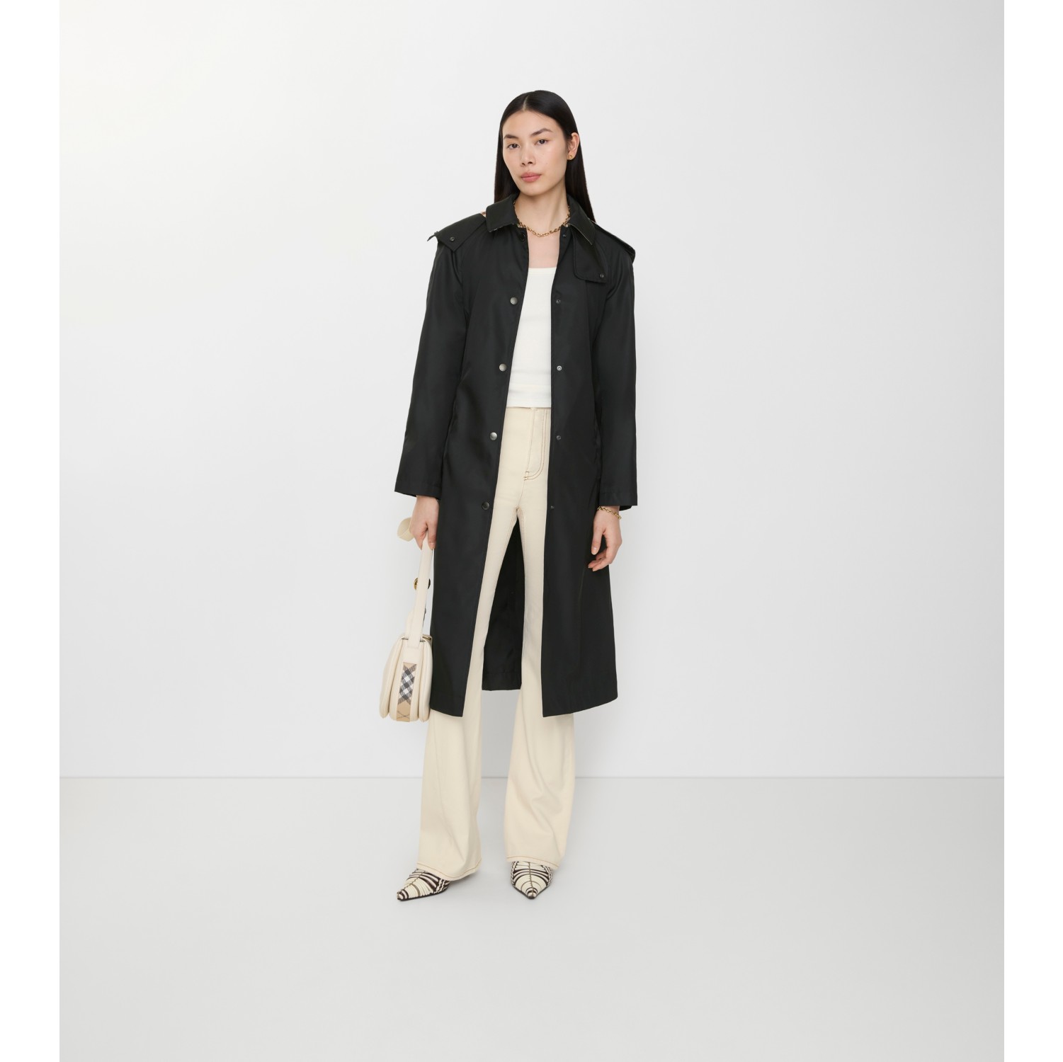 ロング ナイロン フーデッドカーコート (ブラック) - ウィメンズ