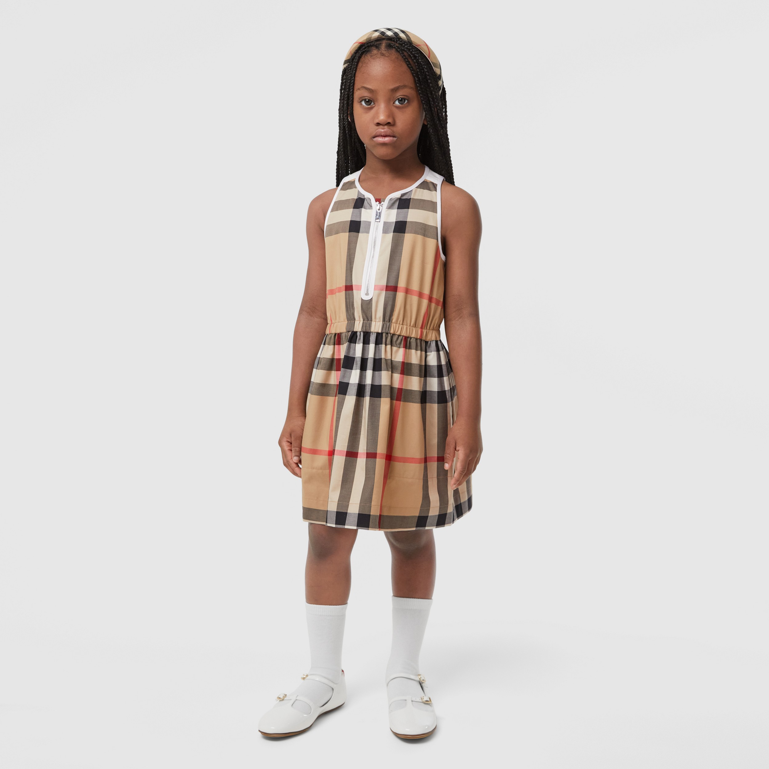 Sleeveless Check Stretch Cotton Zip-front Dress in Archive Beige | Burberry® Official - 3