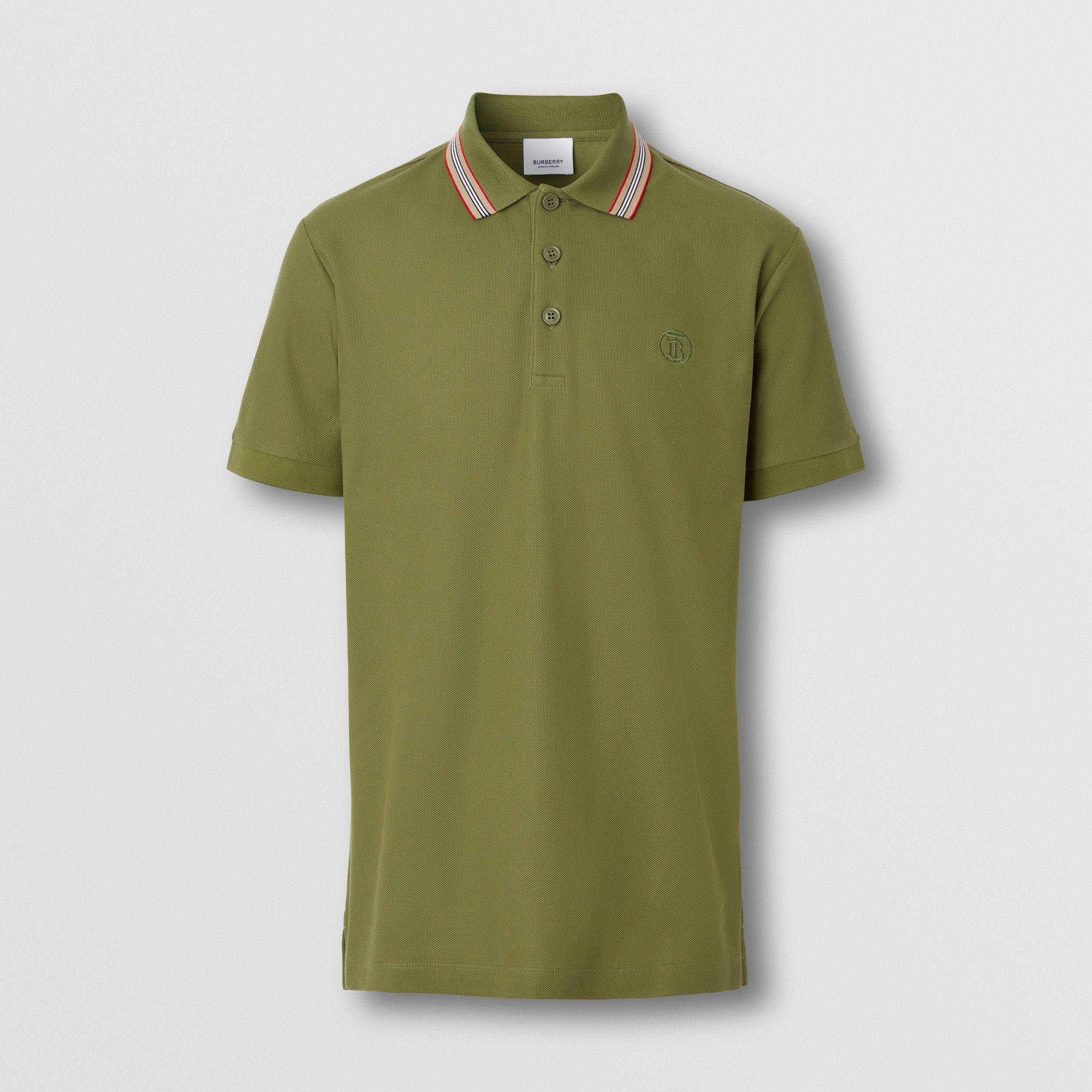 Icon Stripe Collar Cotton Piqué Polo Shirt in Spruce Green - Men | Burberry® Official - 4