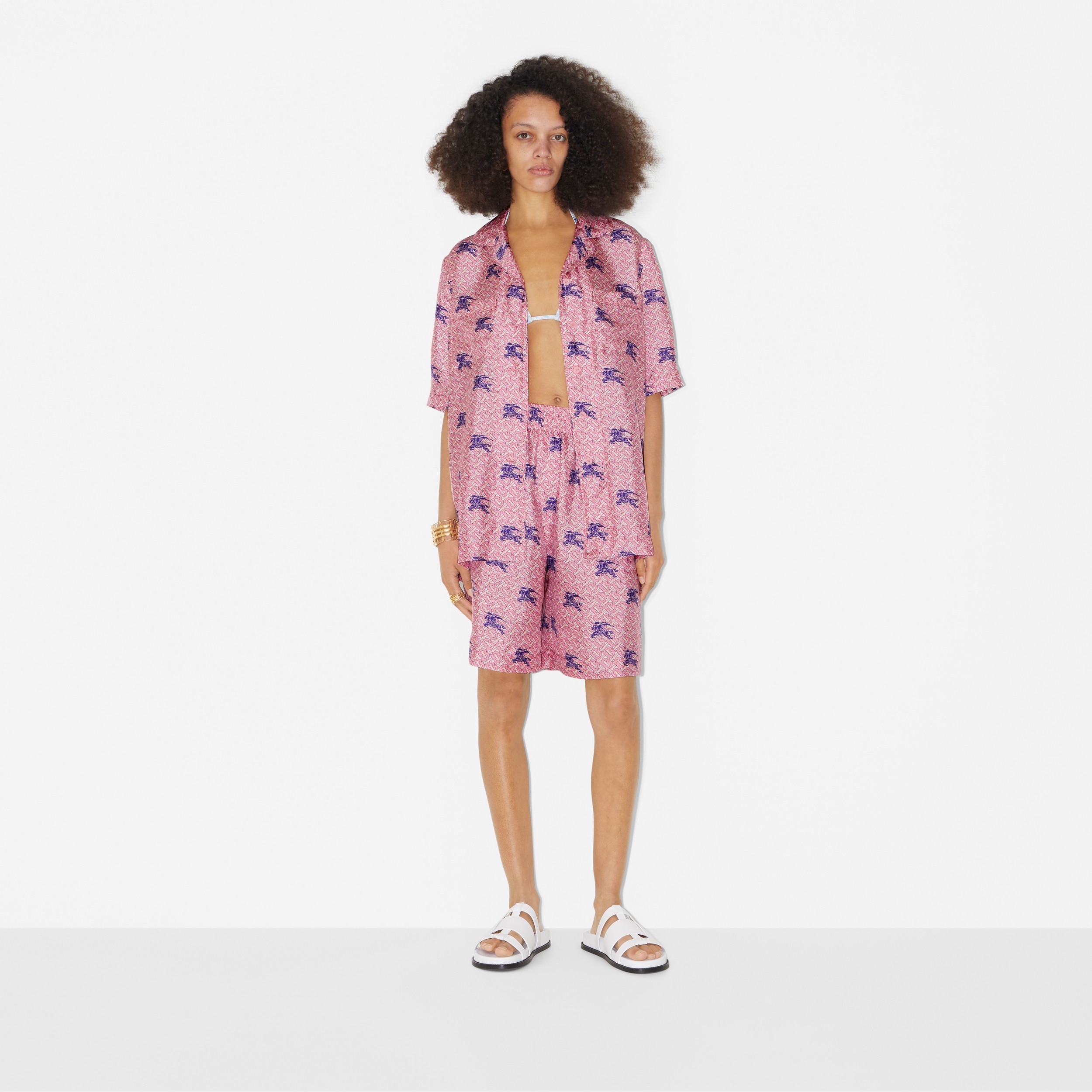 Camisa estilo pijama de seda com estampa de monograma e EKD (Ametista Profundo) - Mulheres | Burberry® oficial - 2