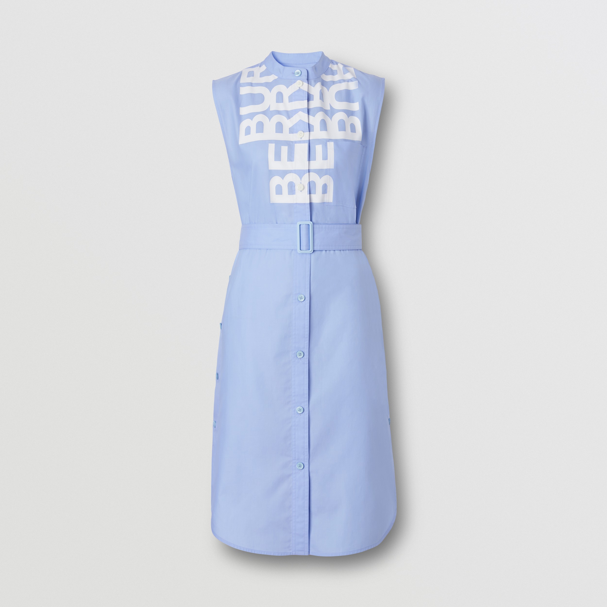 Sleeveless Logo Print Cotton Oxford Shirt Dress in Light Porcelain Blue - Women | Burberry® Official - 4