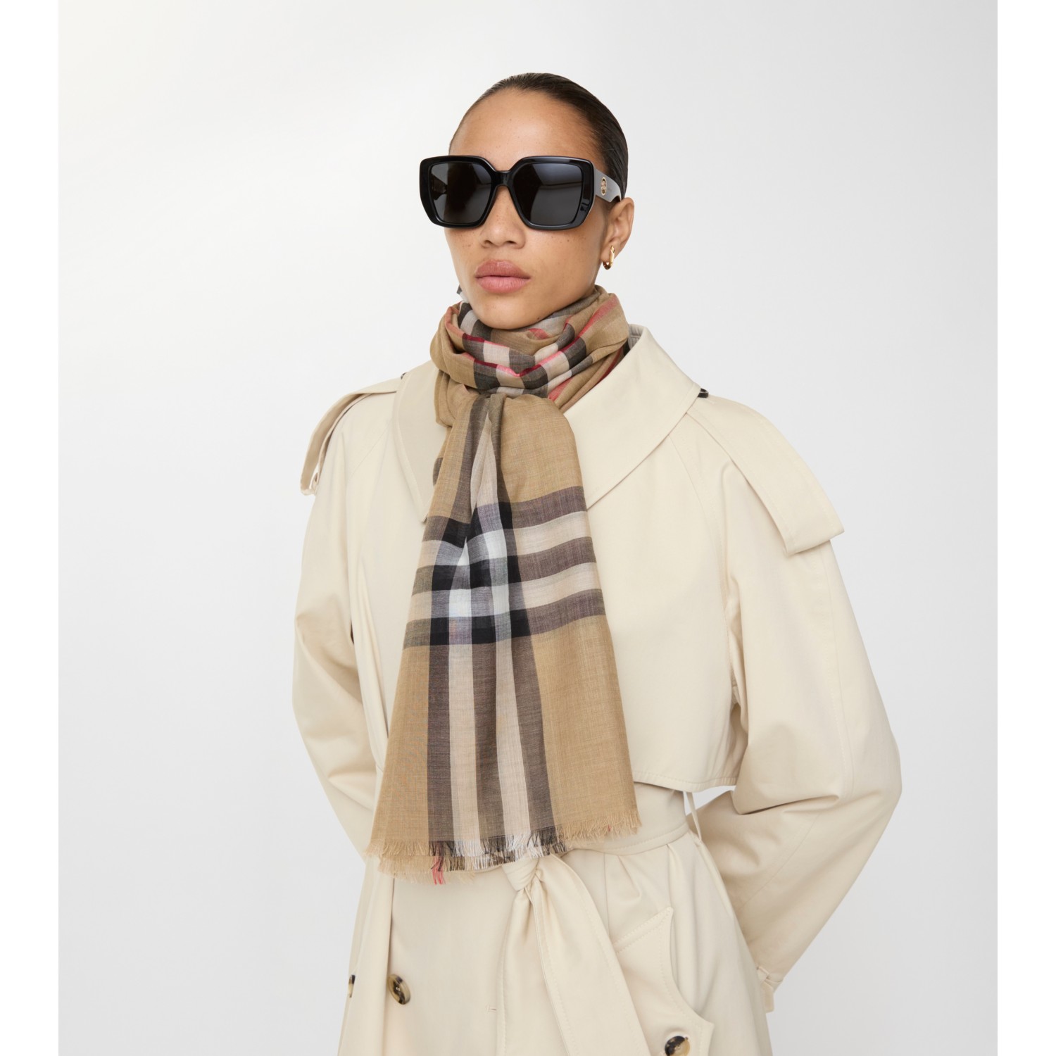 Wide Check Wool Silk Scarf - thumbnail 2
