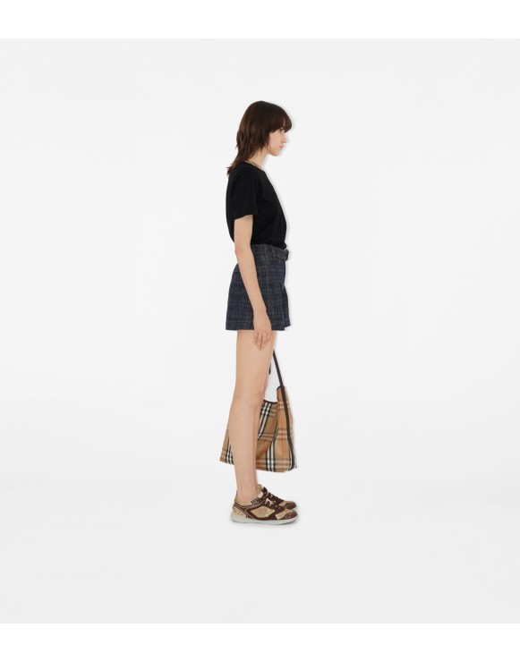 Belted Check Denim Shorts