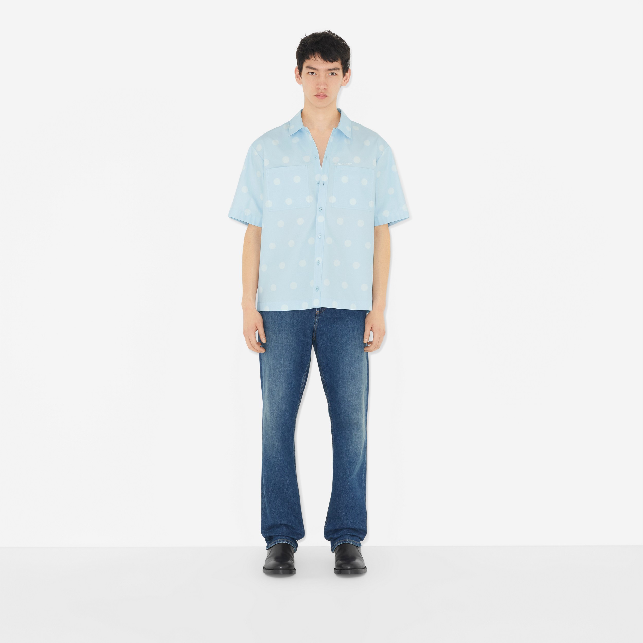Short-sleeve Polka Dot Print Cotton Shirt in Pale Blue - Men | Burberry® Official - 3