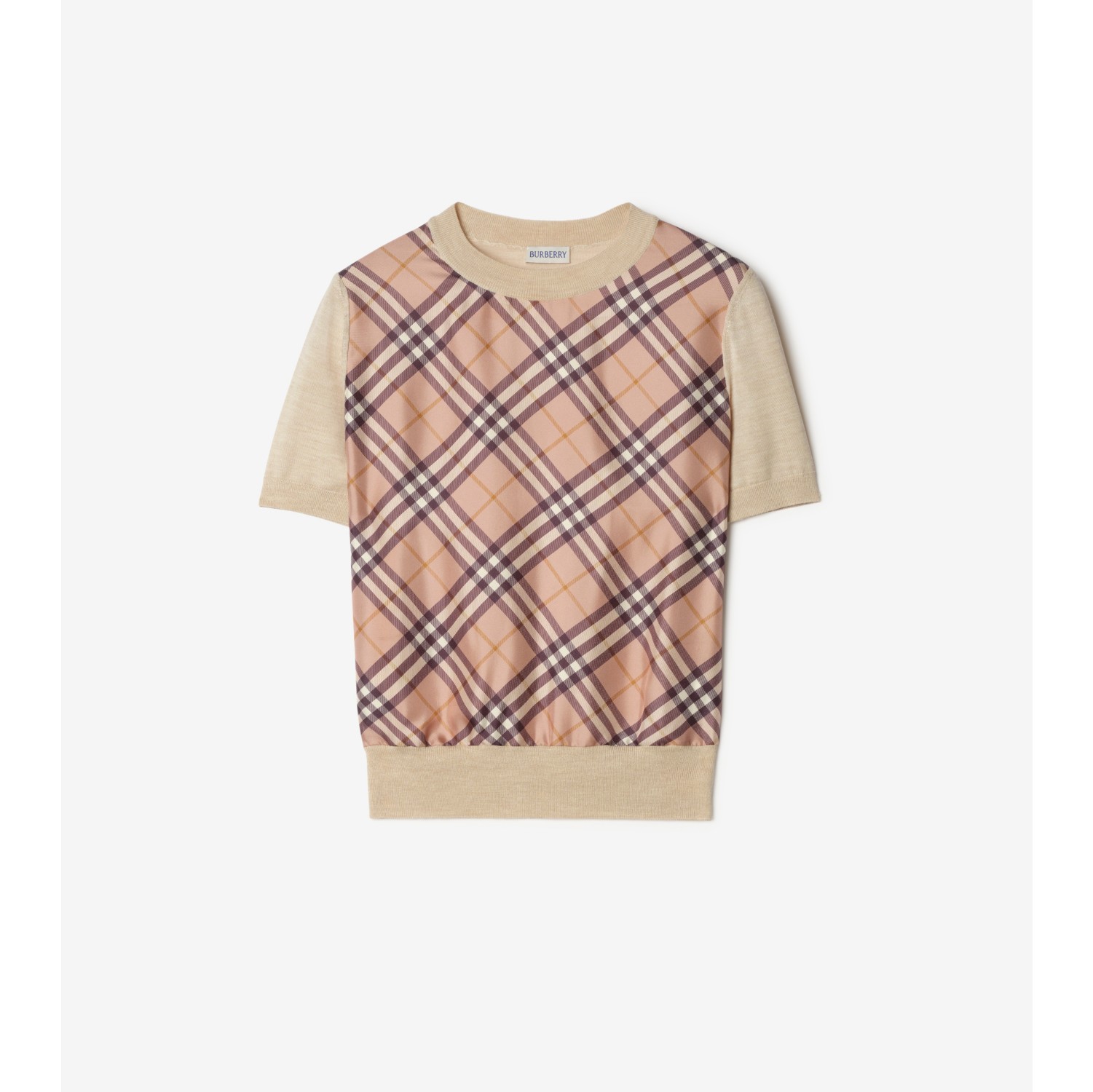 Check Panel Wool Silk T-shirt
