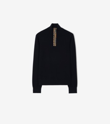 Burberry チェックトリム ウール ハーフジップ セーター (ネイビー) - メンズ | Burberry®公式サイト
