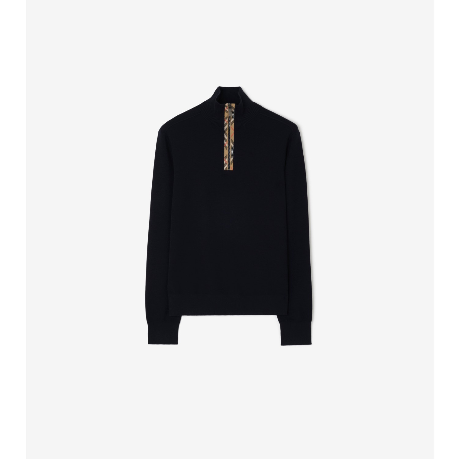 Check Trim Wool Half-zip Sweater