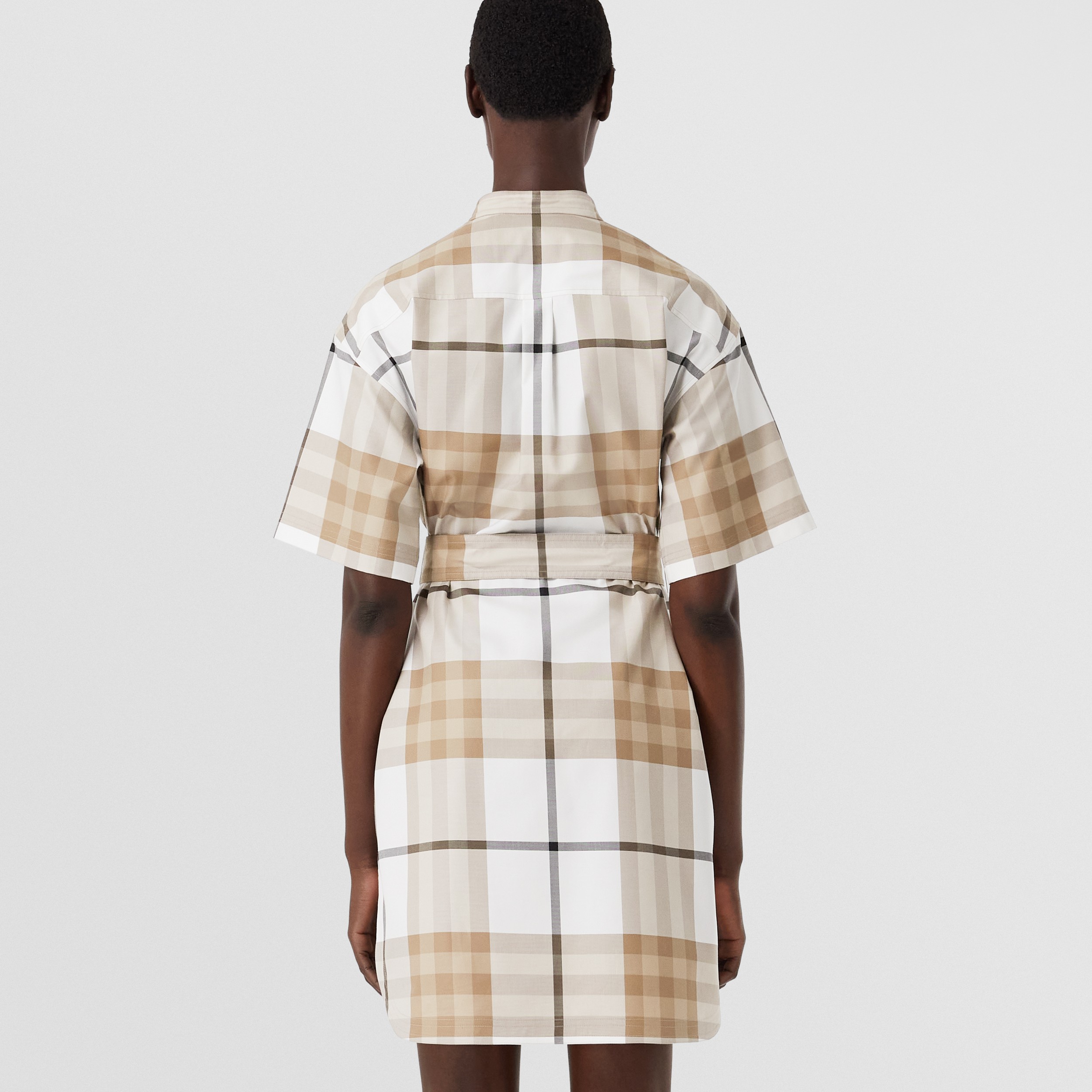 Exaggerated Check Cotton Twill Tie-waist Dress in Frosted White - Women | Burberry® Official - 3