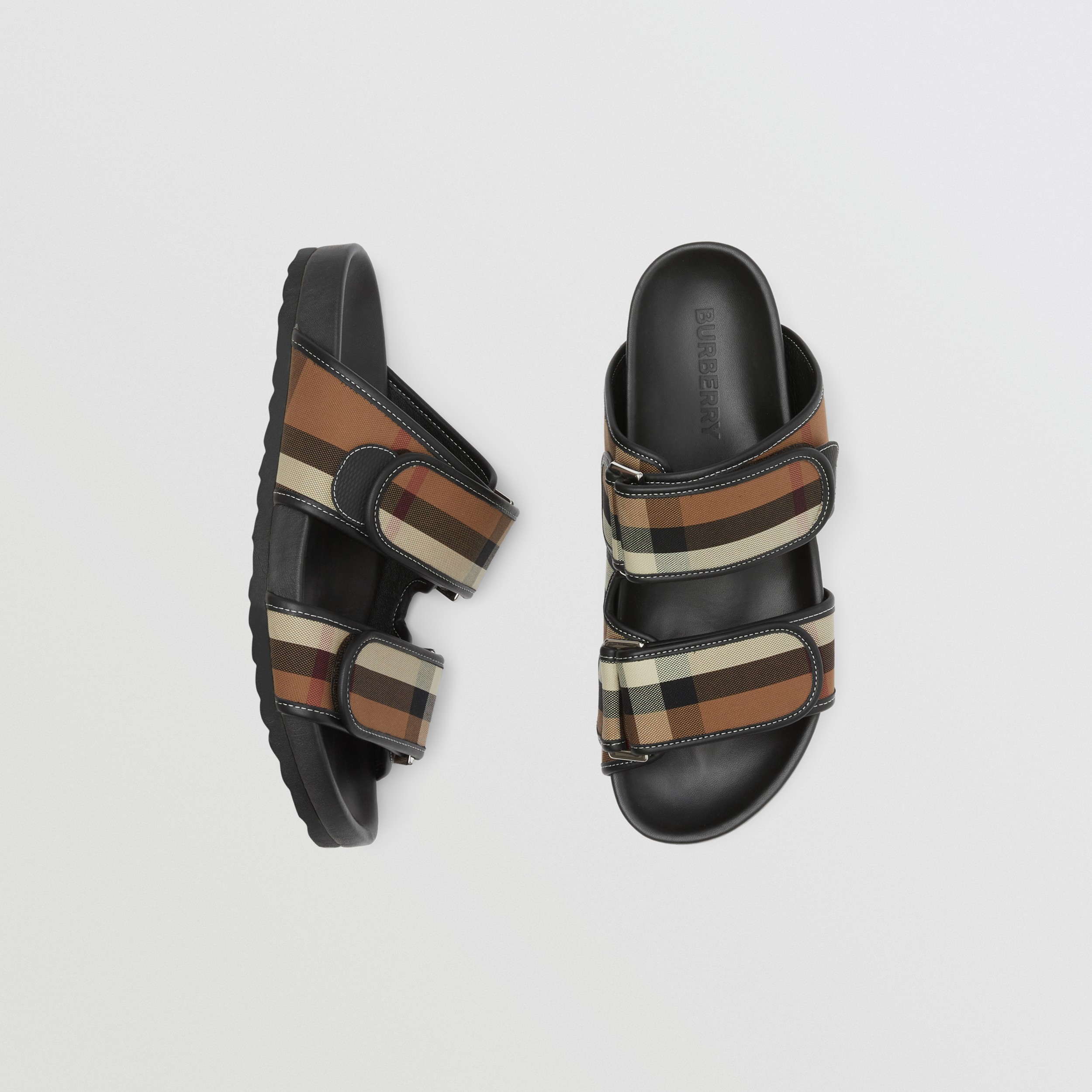 Check Cotton and Leather Slides in Birch Brown - Men | Burberry® Official - 1