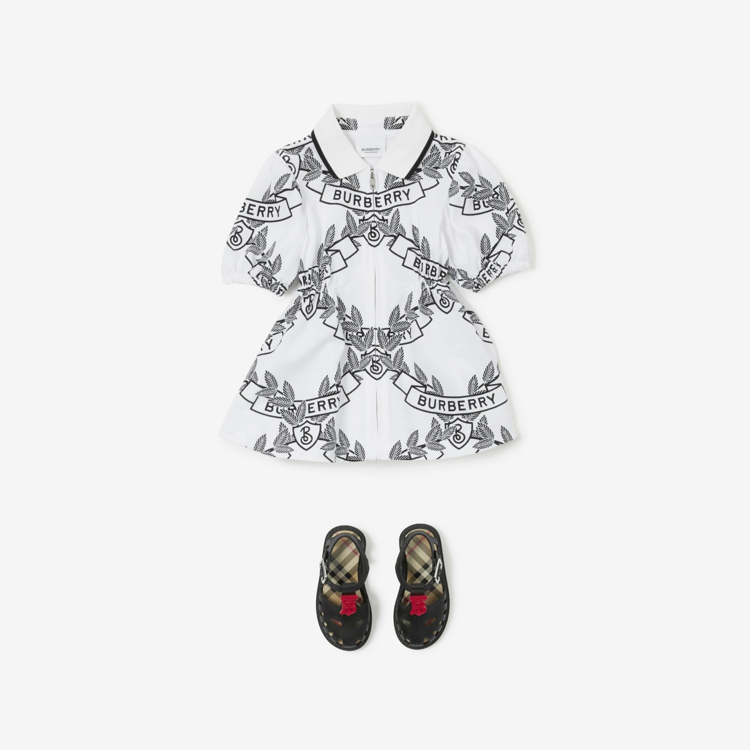 橡树叶徽章棉质连衣裙 (白色 / 黑色) - 儿童 | Burberry® 博柏利官网