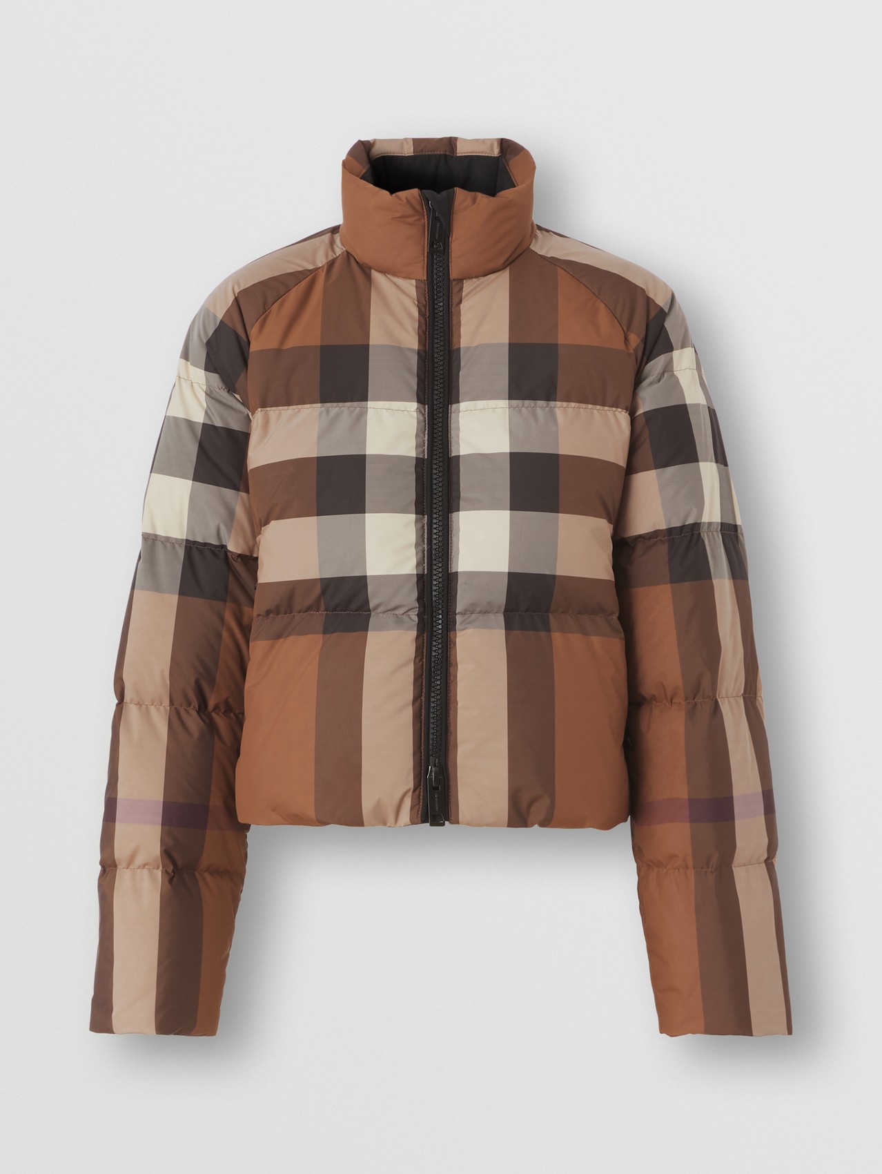 Check Cropped Puffer Jacket in Dark Birch Brown