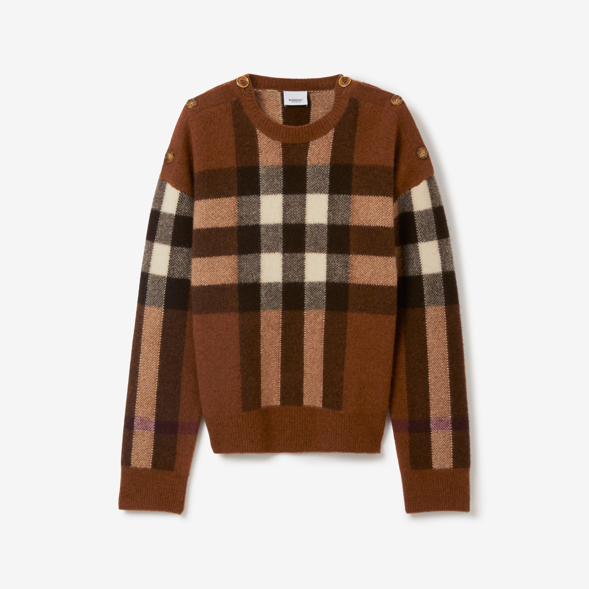 Exaggerated Check Wool Cashmere Sweater in Dark Birch Brown - Women | Burberry® Official - 1