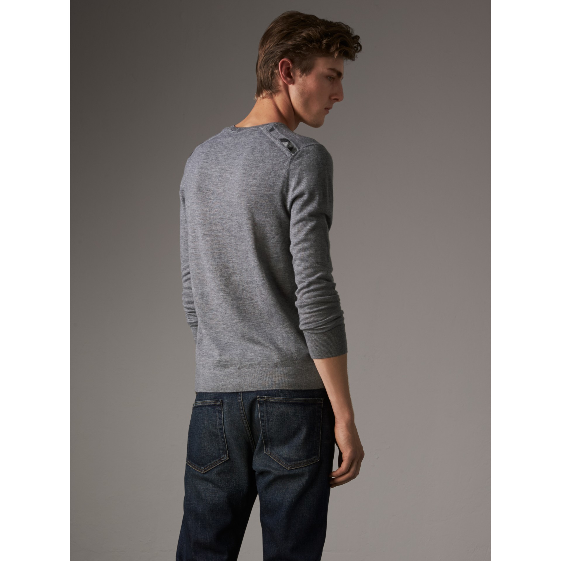 Check Jacquard Detail Cashmere Sweater In Pale Grey Melange Men Burberry United States