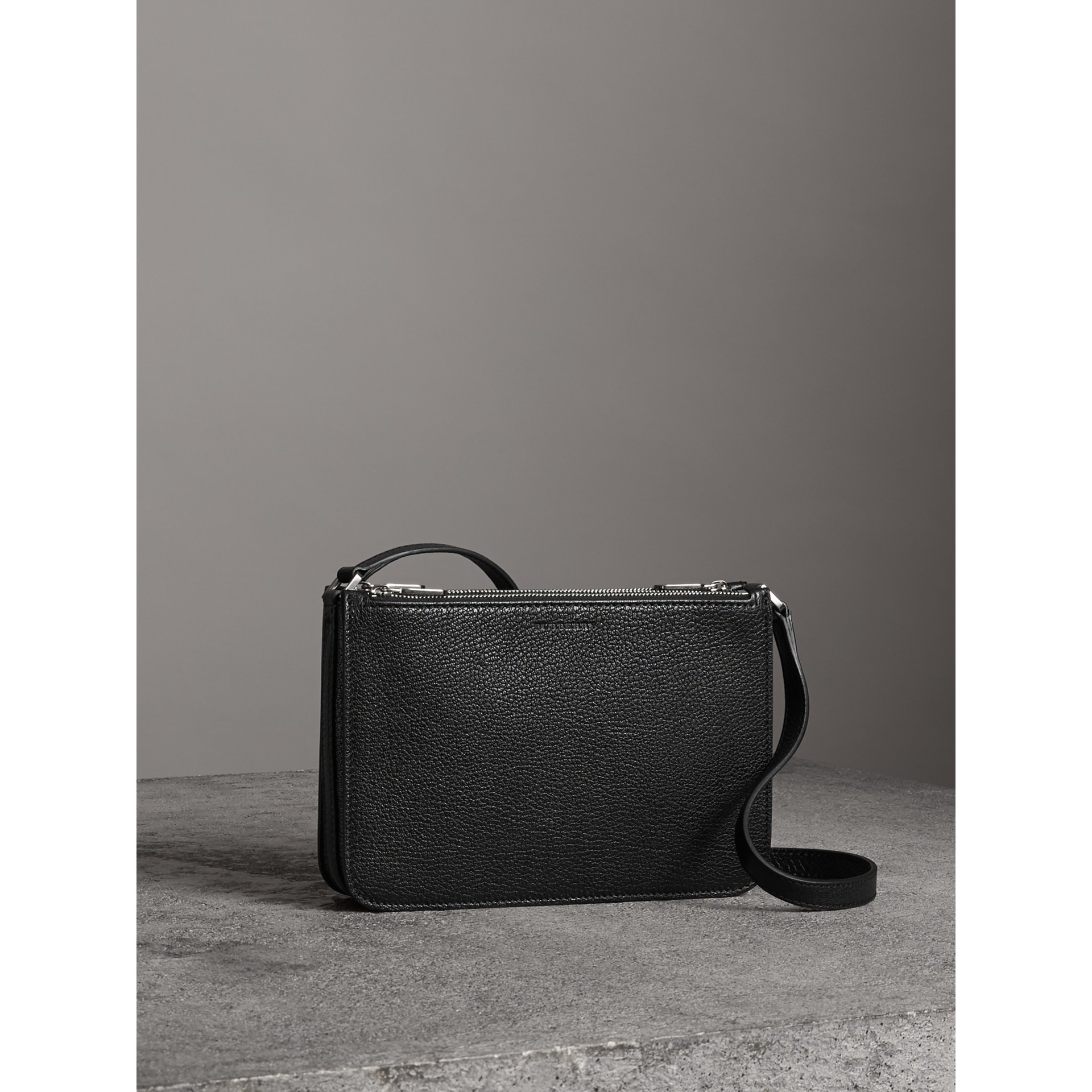 Triple Zip Grainy Leather Crossbody Bag in Black/silver Women