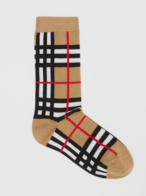 Burberry Check Intarsia Cotton Blend Socks In Archive Beige