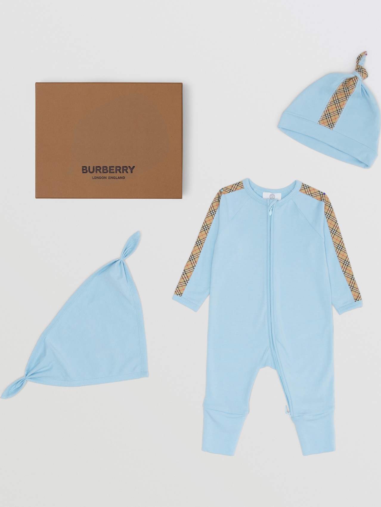 Check Trim Cotton Three-piece Baby Gift Set in Powdered Blue