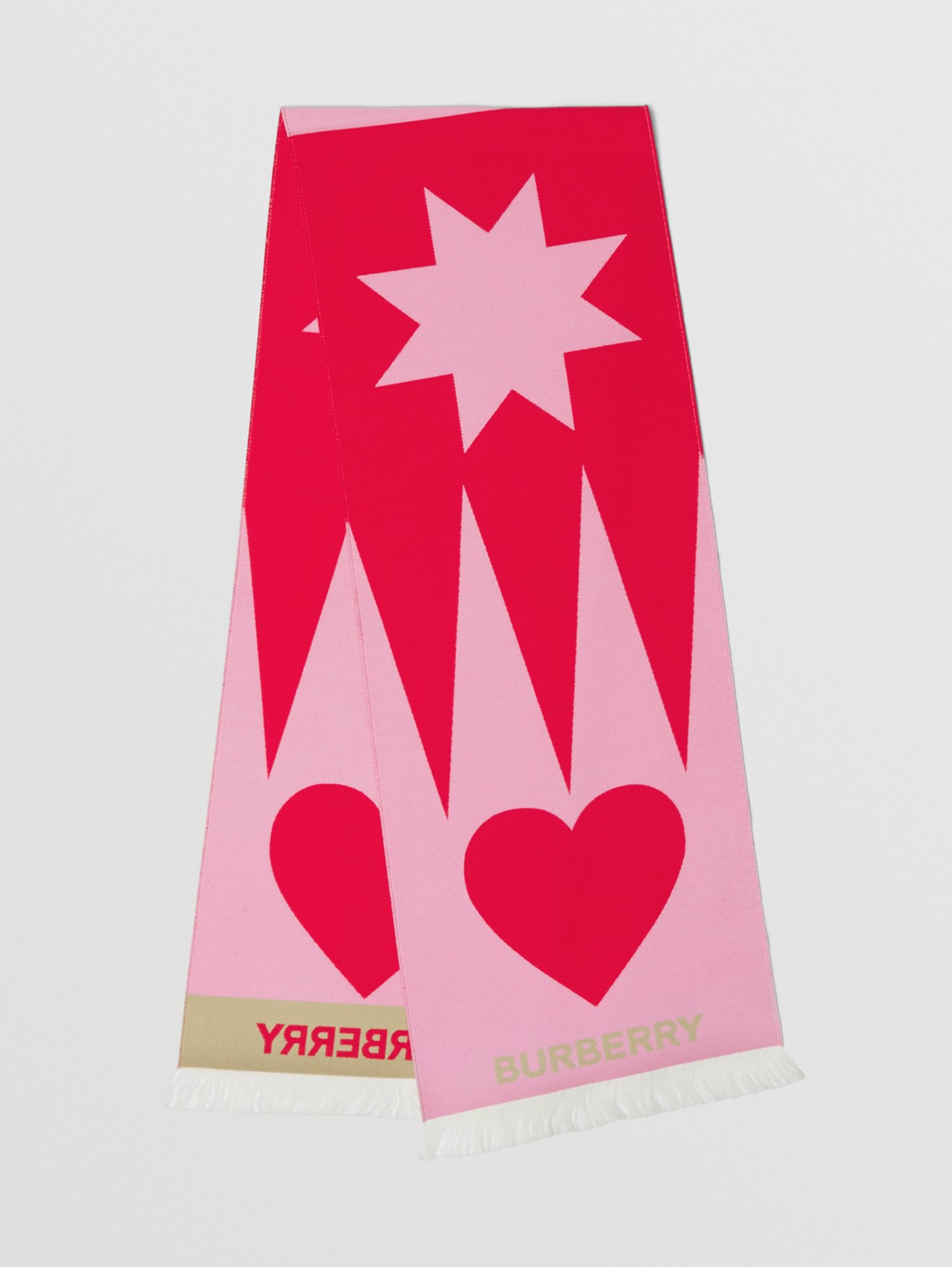 Heart and Star Wool Silk Jacquard Scarf in Red/pink