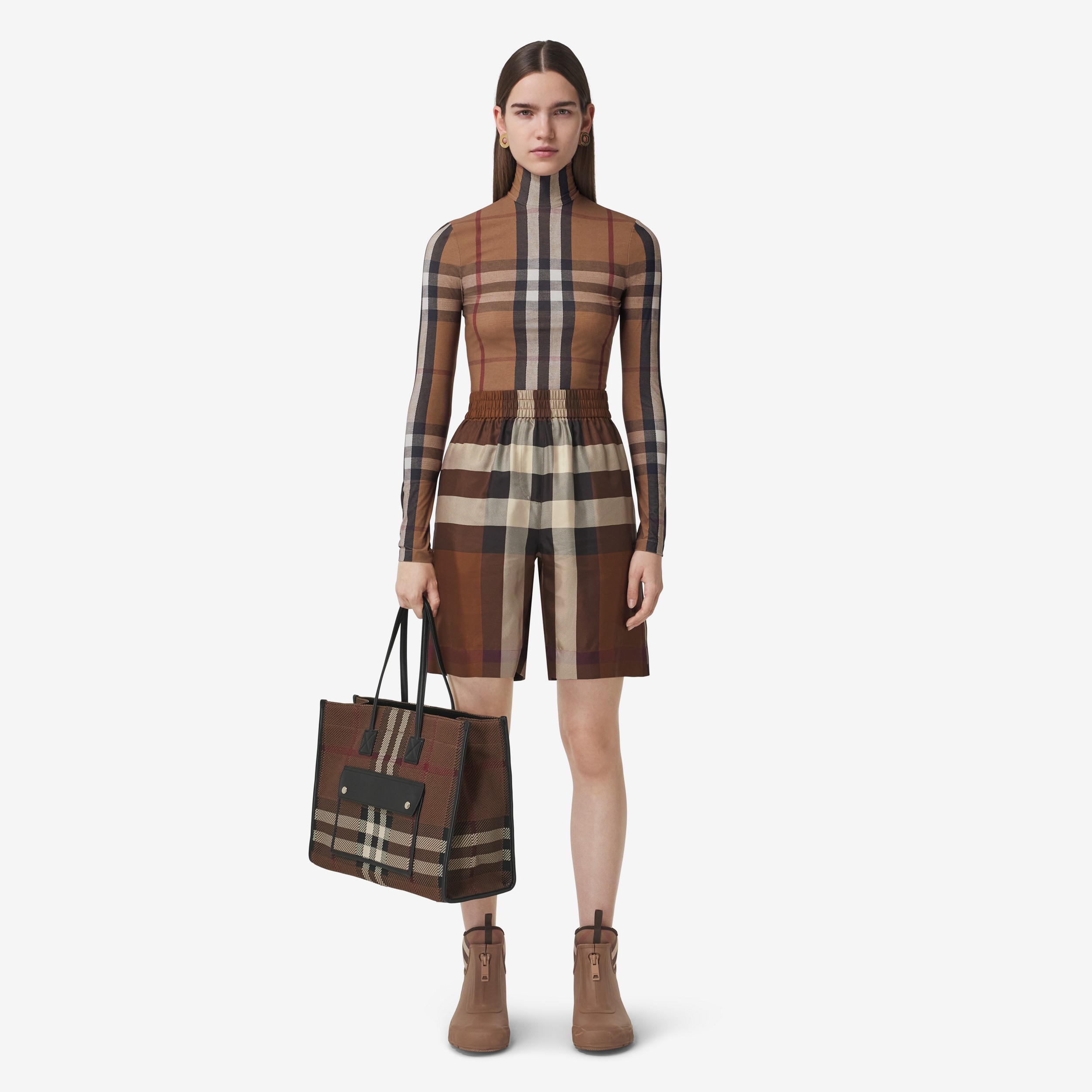 Check Stretch Jersey Turtleneck Top in Birch Brown - Women | Burberry® Official - 3