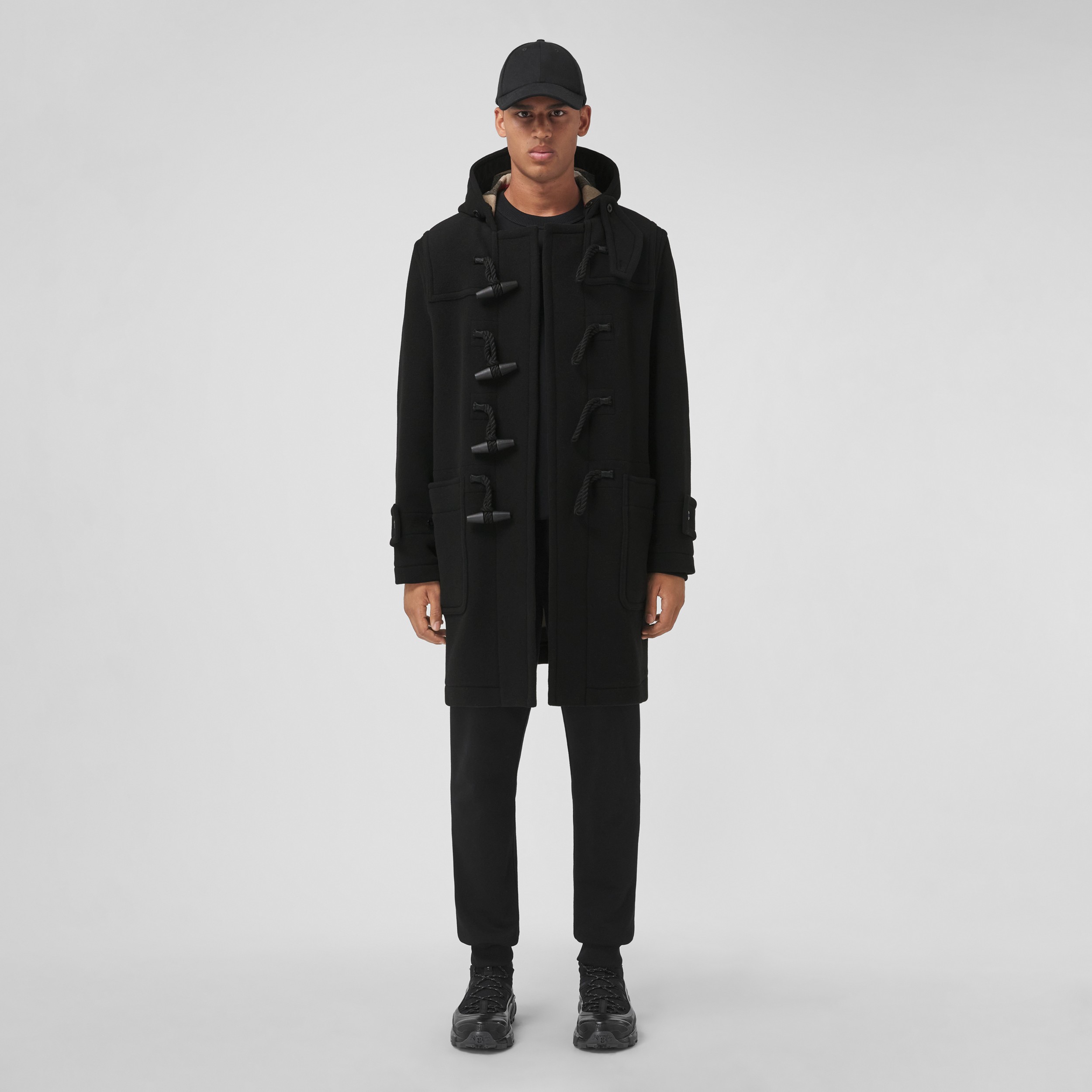 Exaggerated Check-lined Technical Wool Duffle Coat in Black - Men | Burberry® Official - 1