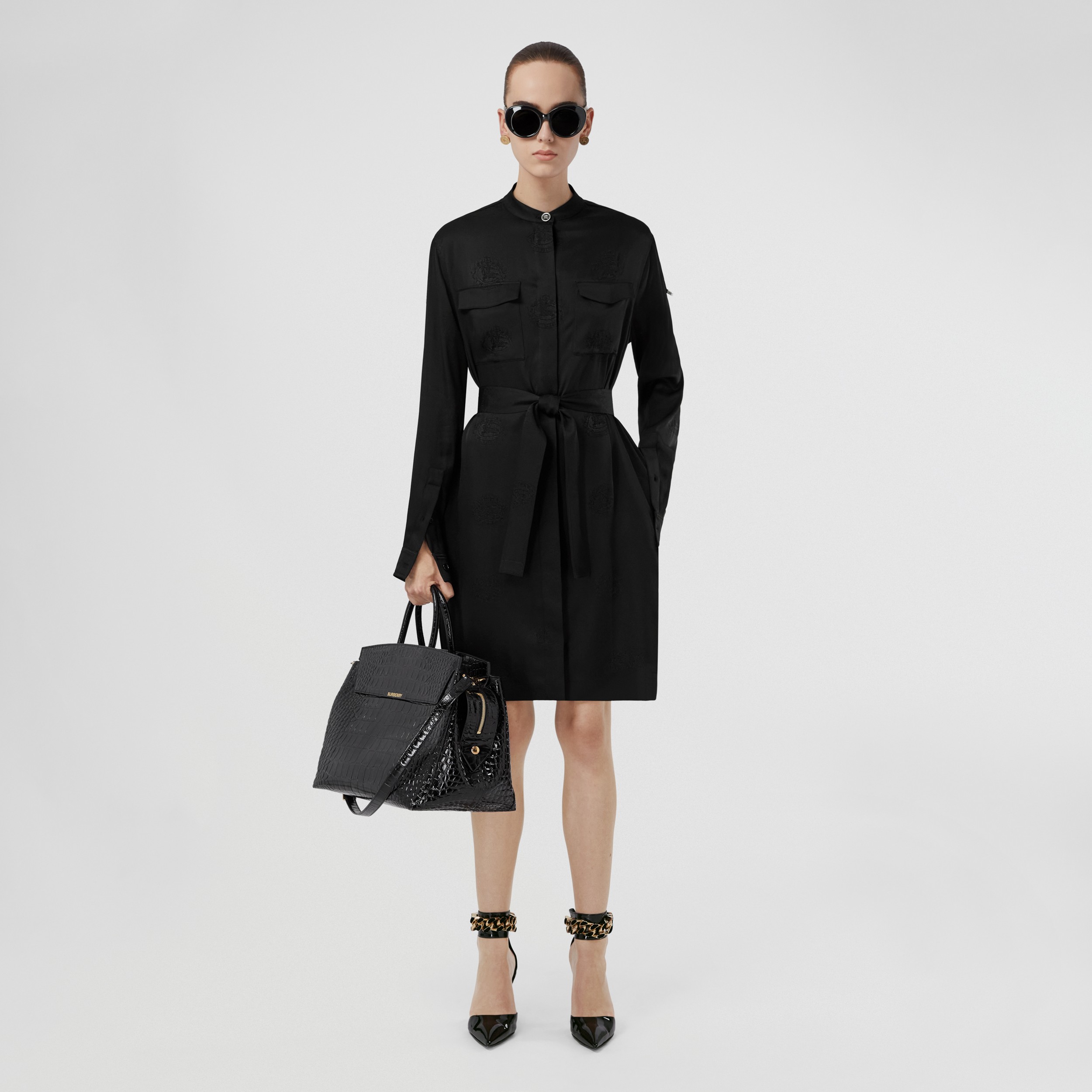 EKD Detail Silk Satin Belted Shirt Dress in Black - Women | Burberry® Official - 4