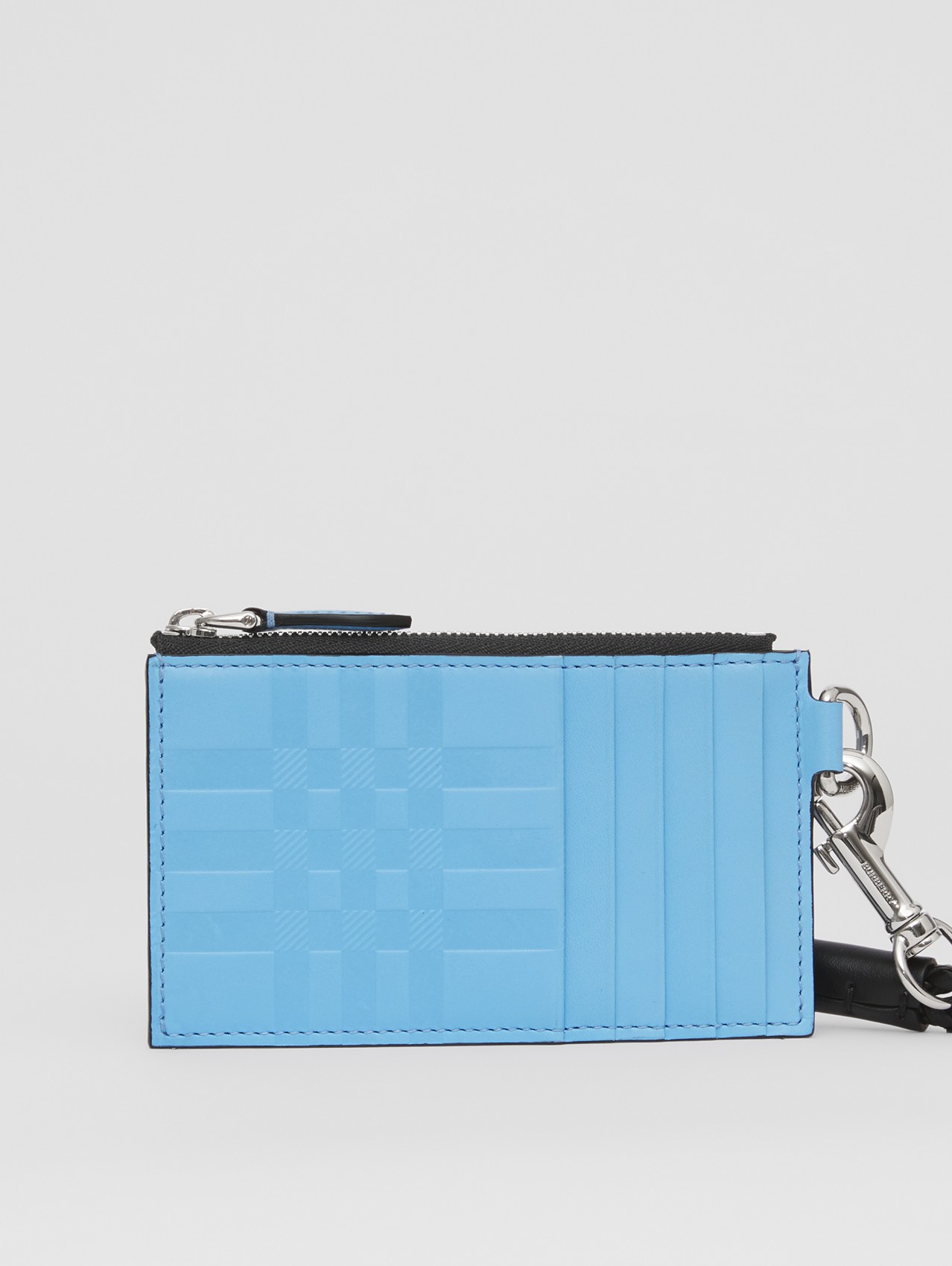 Embossed Check Leather Card Case Lanyard in Soft Cornflower Blue