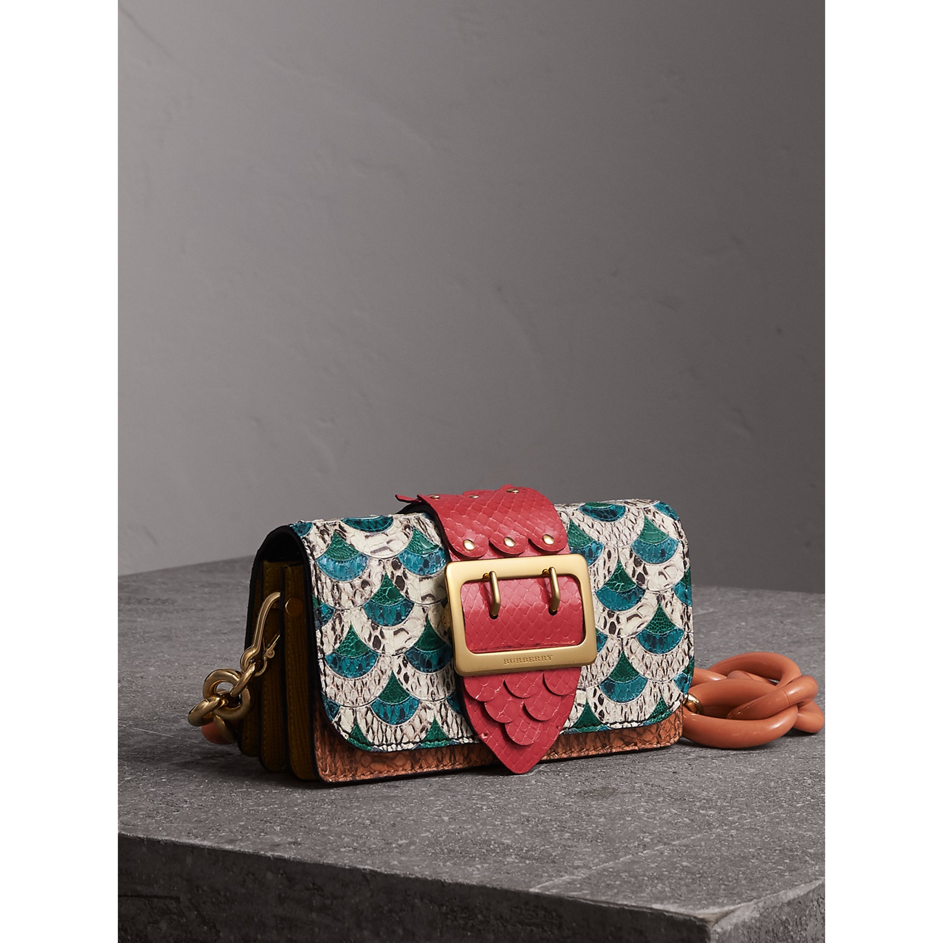 The Small Buckle Bag in Scallop Trim Snakeskin and Ostrich in Natural