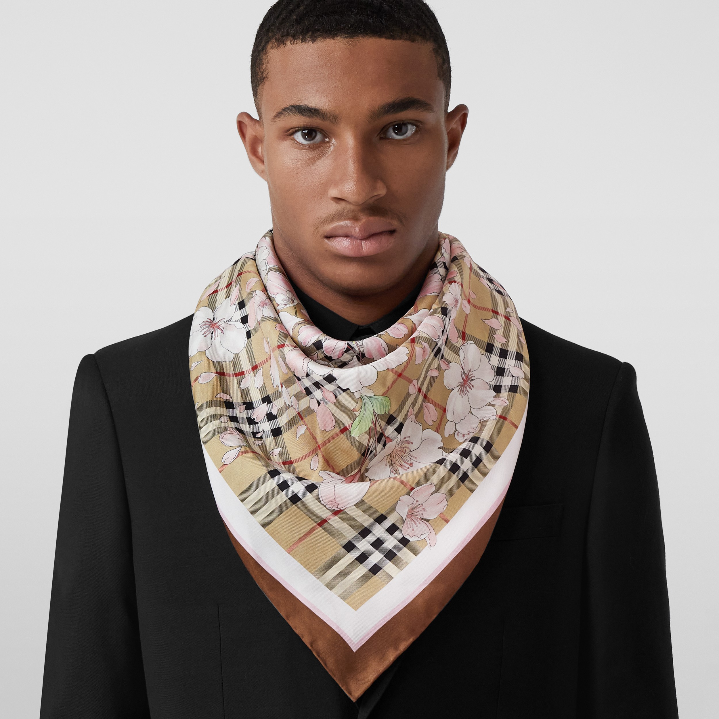 Floral Check Print Silk Square Scarf in Archive Beige | Burberry® Official - 4
