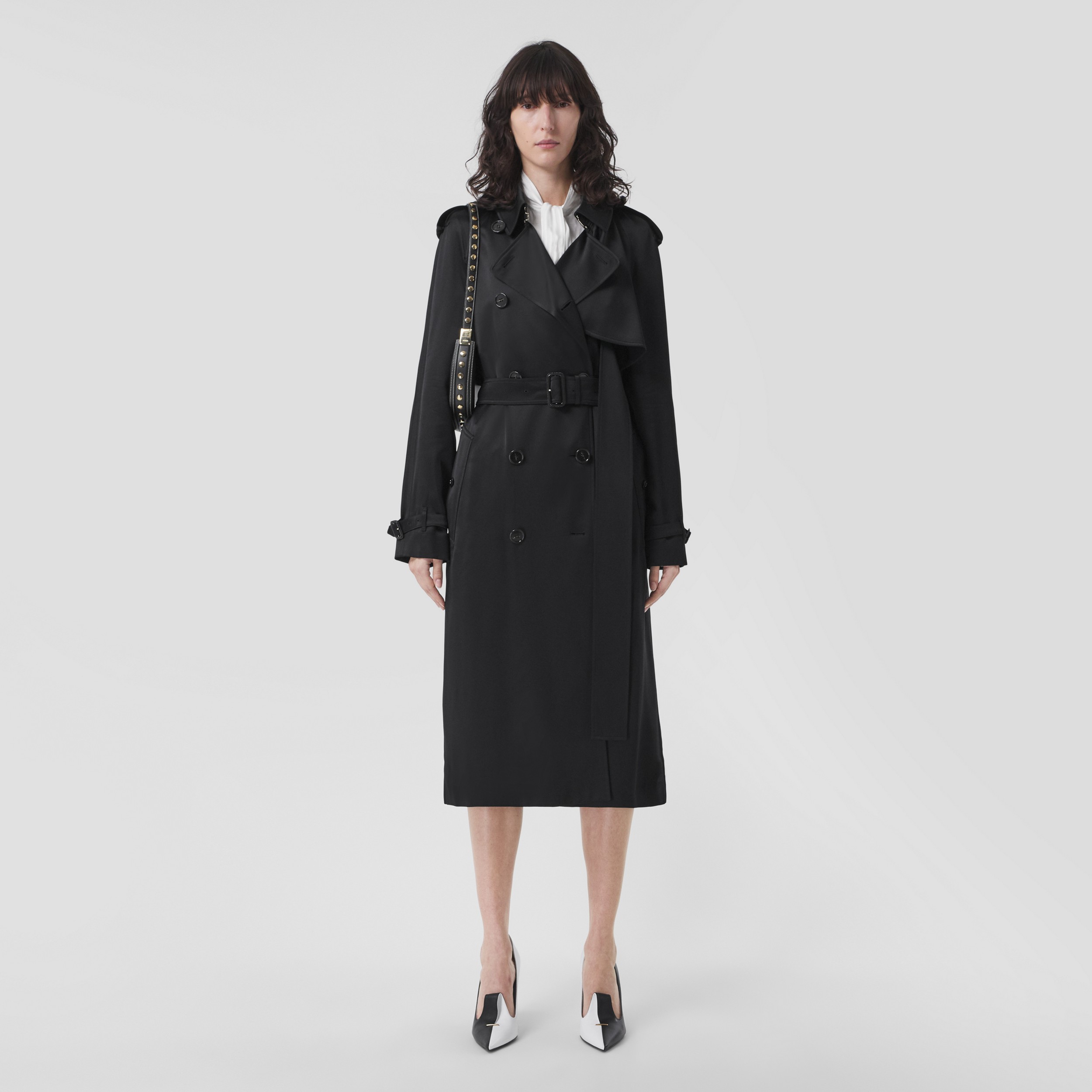 Exaggerated Gun Flap Silk-lined Trench Coat in Black - Women | Burberry® Official - 1