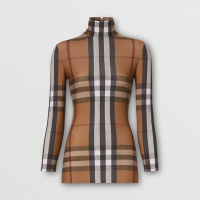 Check Stretch Jersey Turtleneck Top in Birch Brown - Women | Burberry®  Official