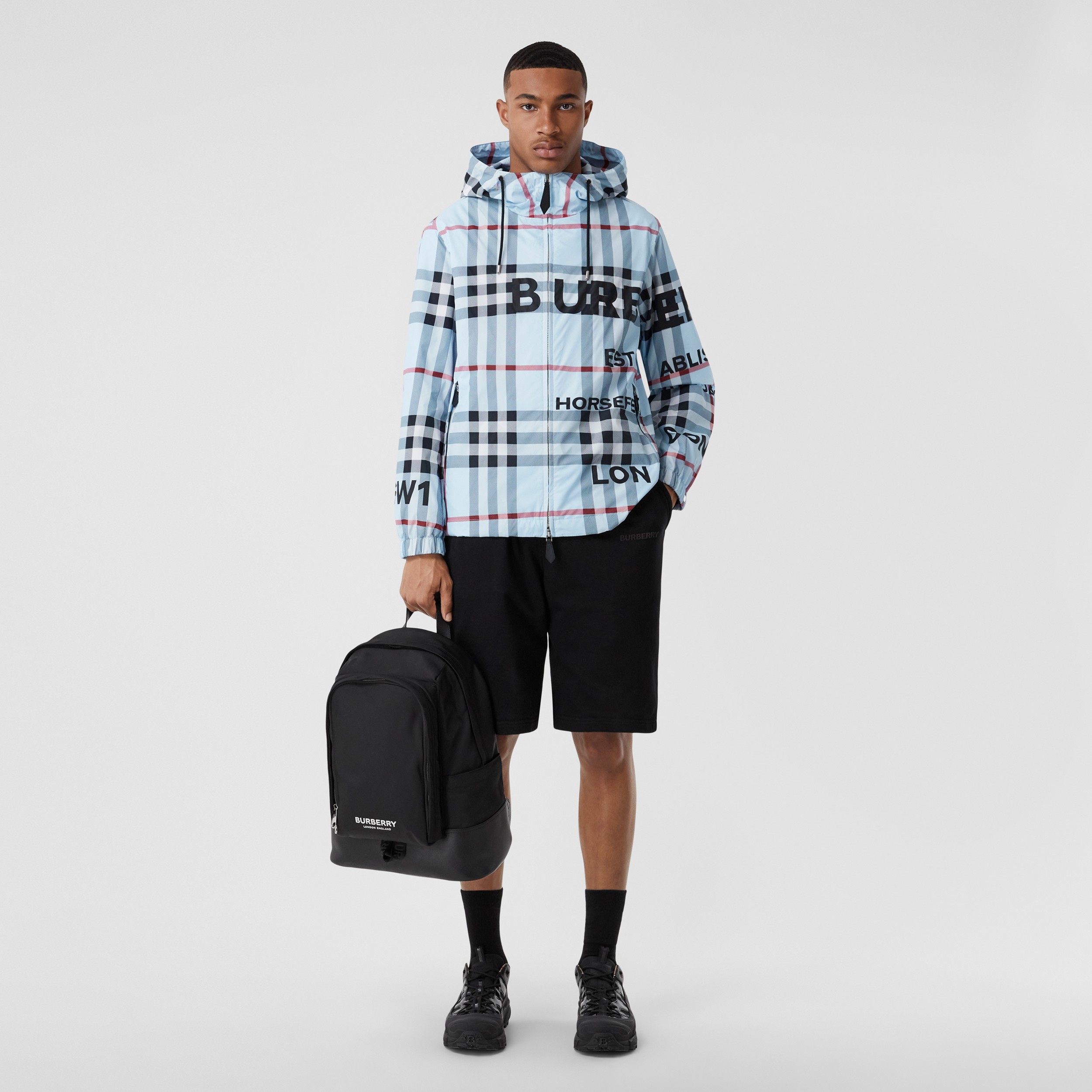 Horseferry Print Check Nylon Hooded Jacket in Pale Blue - Men | Burberry® Official - 1